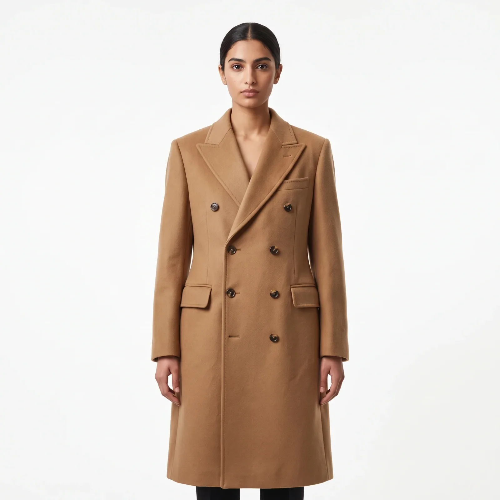 Camel wool overcoat on a model — studio on-model shot