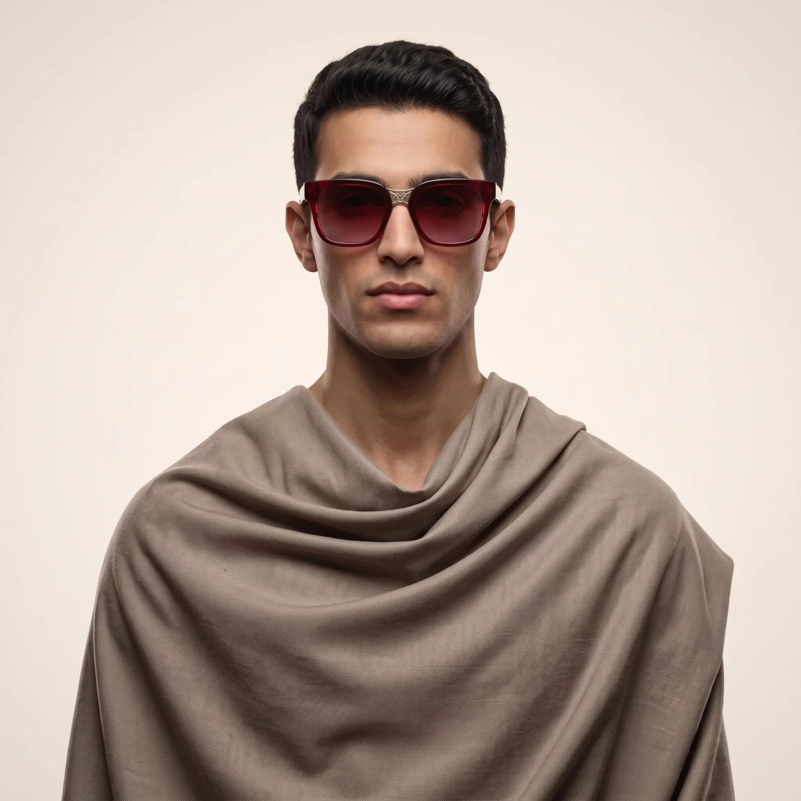 Crimson-edge sunglasses on a model — studio on-model shot
