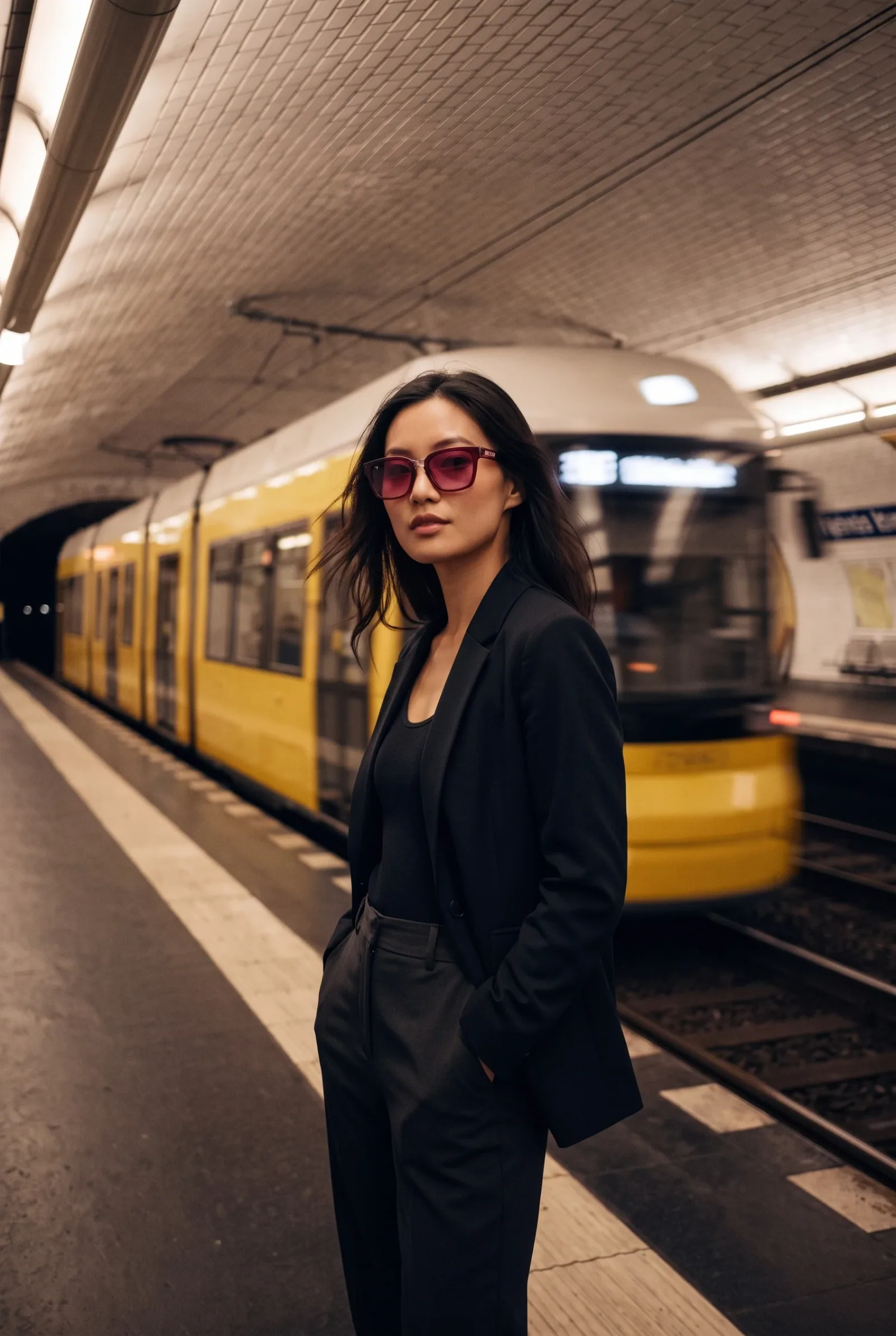 Crimson-edge sunglasses on a model on a metro platform — location shot