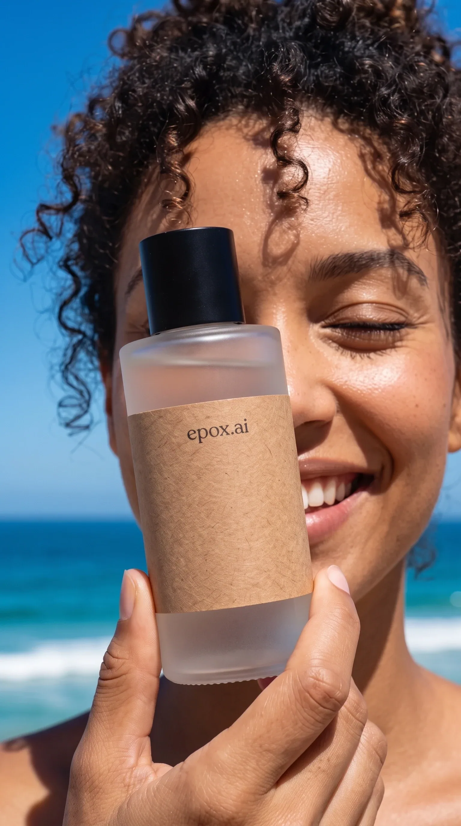 A model holding a frosted bottle on a beach — lifestyle shot