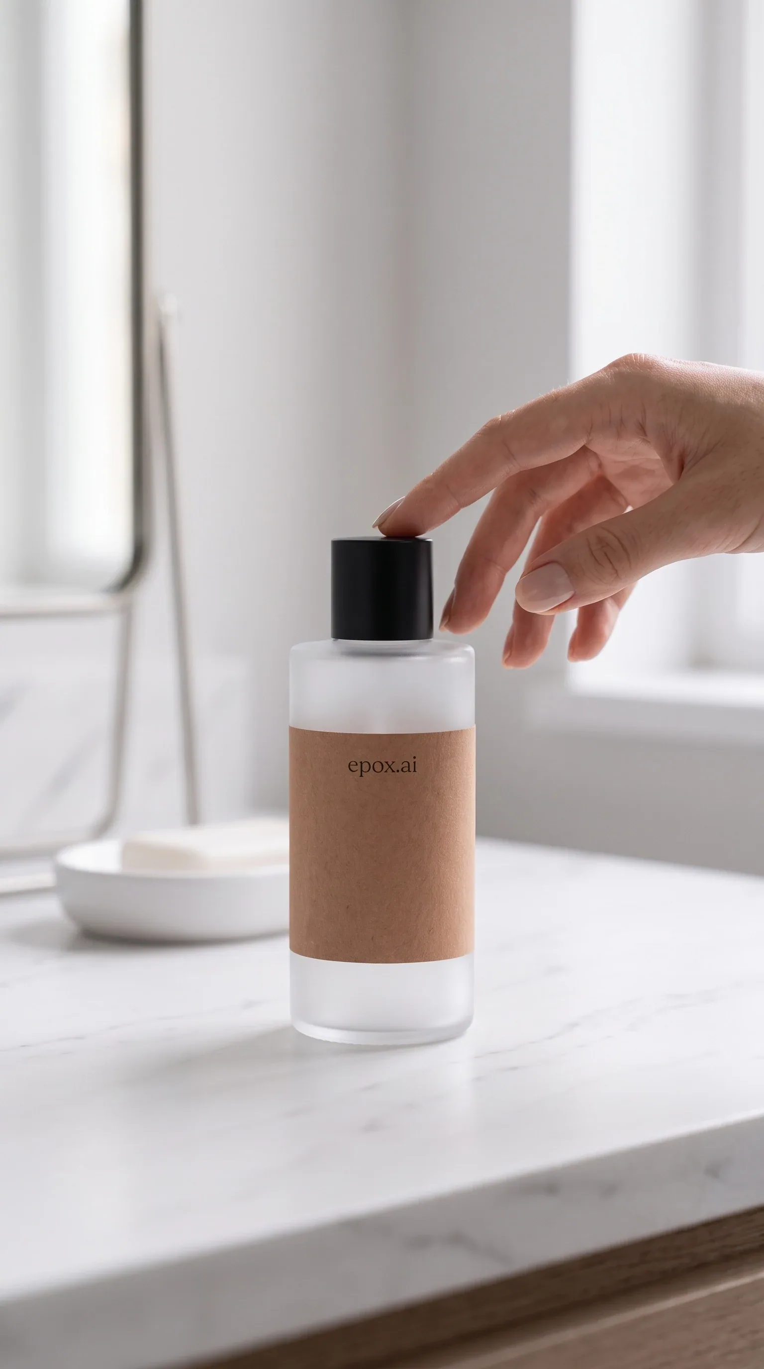 A hand placing a frosted bottle on a bathroom counter — scene