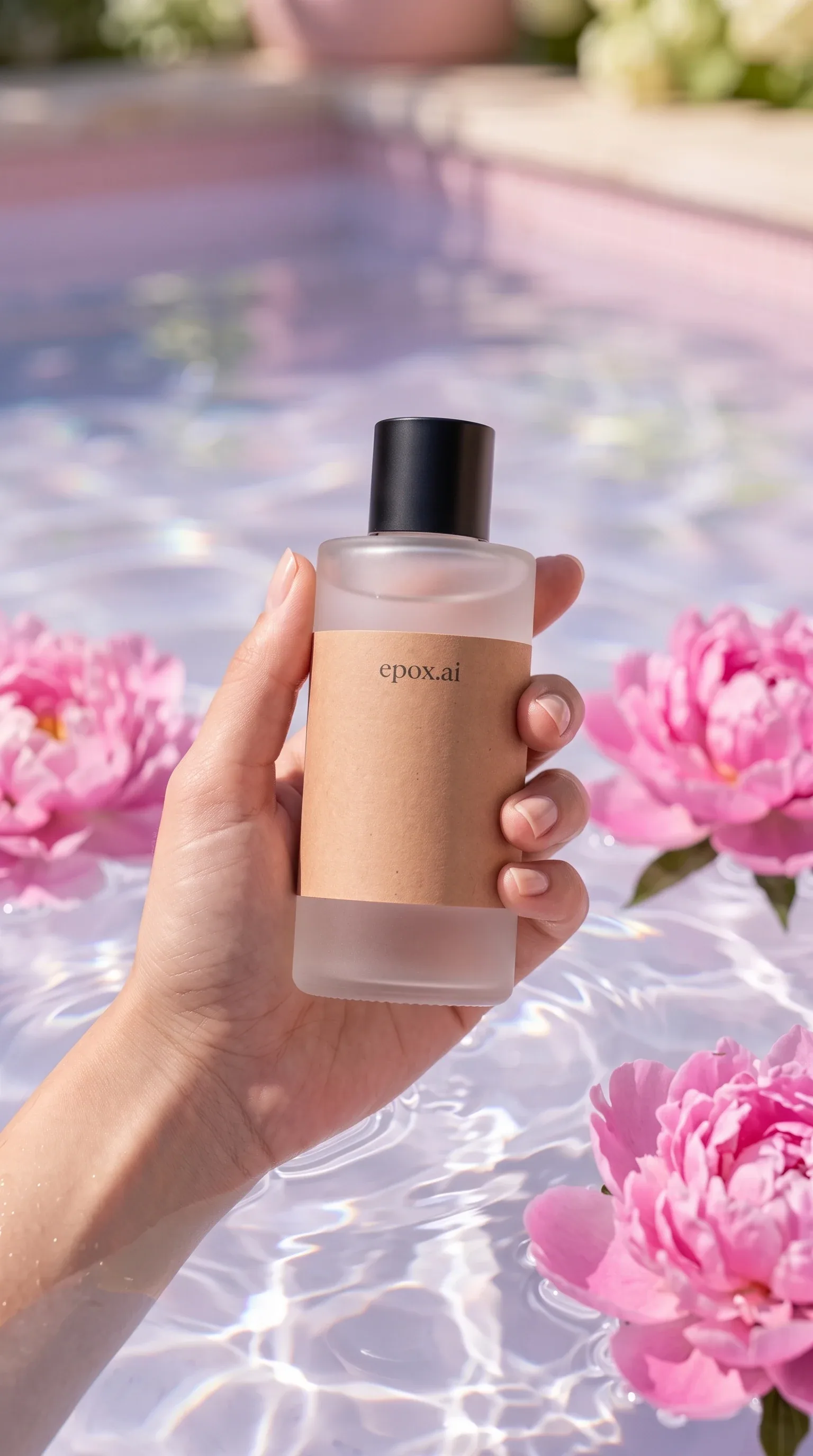 Frosted bottle held over water and peonies — scene