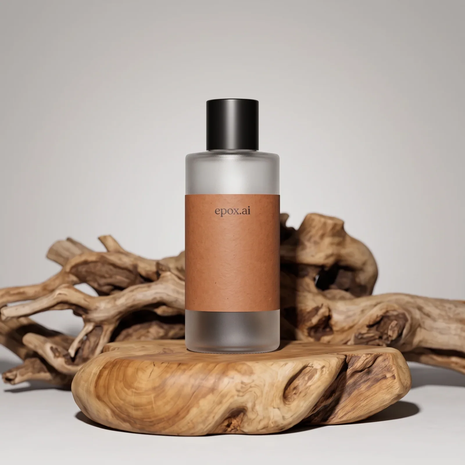 Frosted bottle on driftwood — styled studio shot