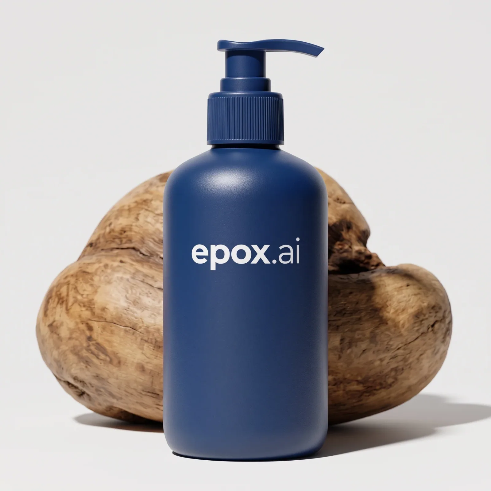 Navy lotion pump bottle on driftwood — styled studio shot