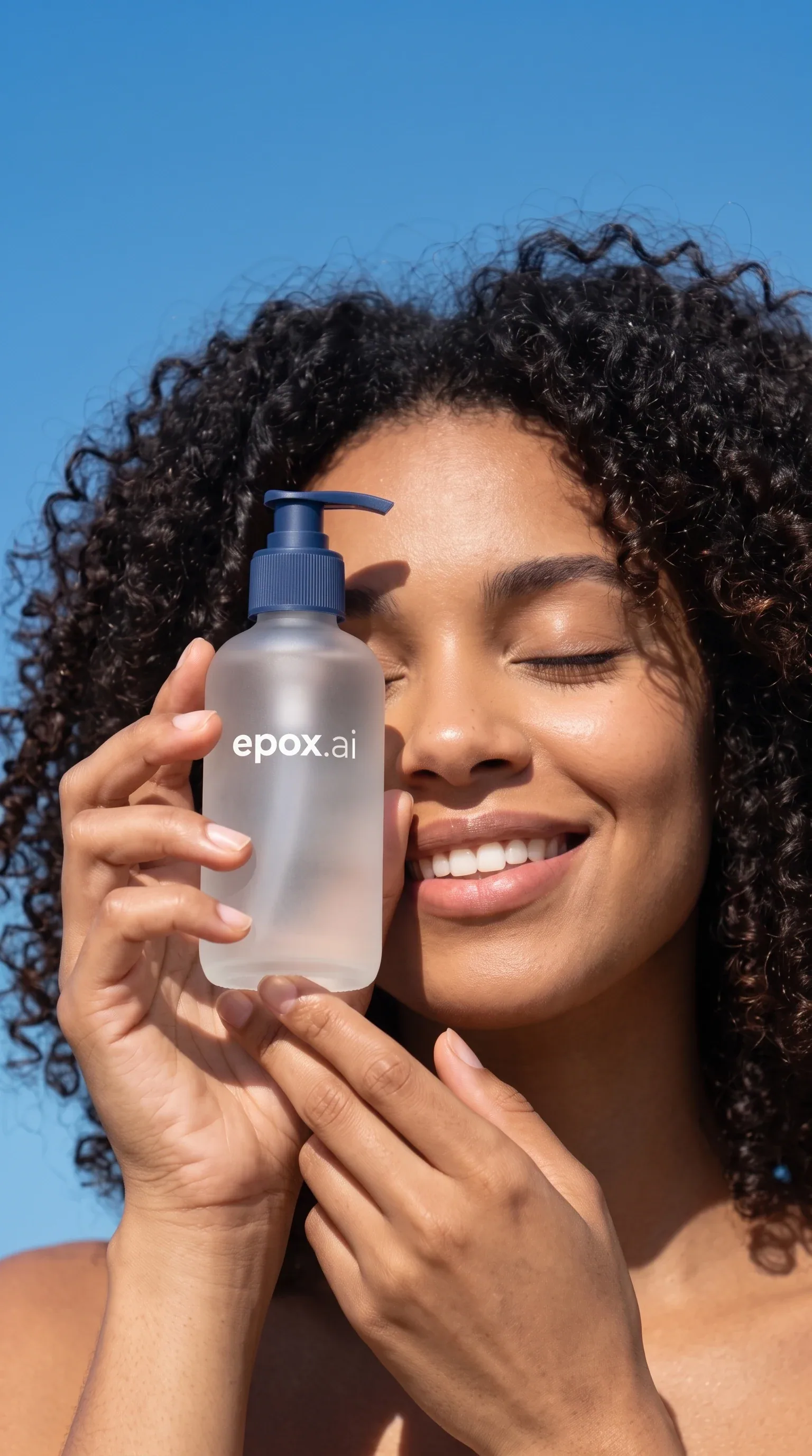 A model holding a navy lotion pump on a beach — lifestyle shot