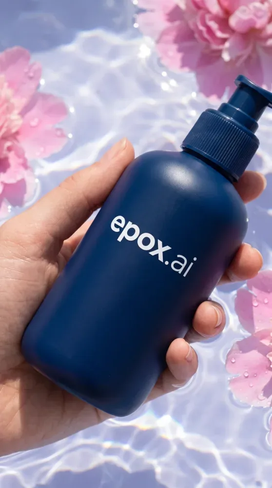 Navy lotion pump held over water and flowers — scene