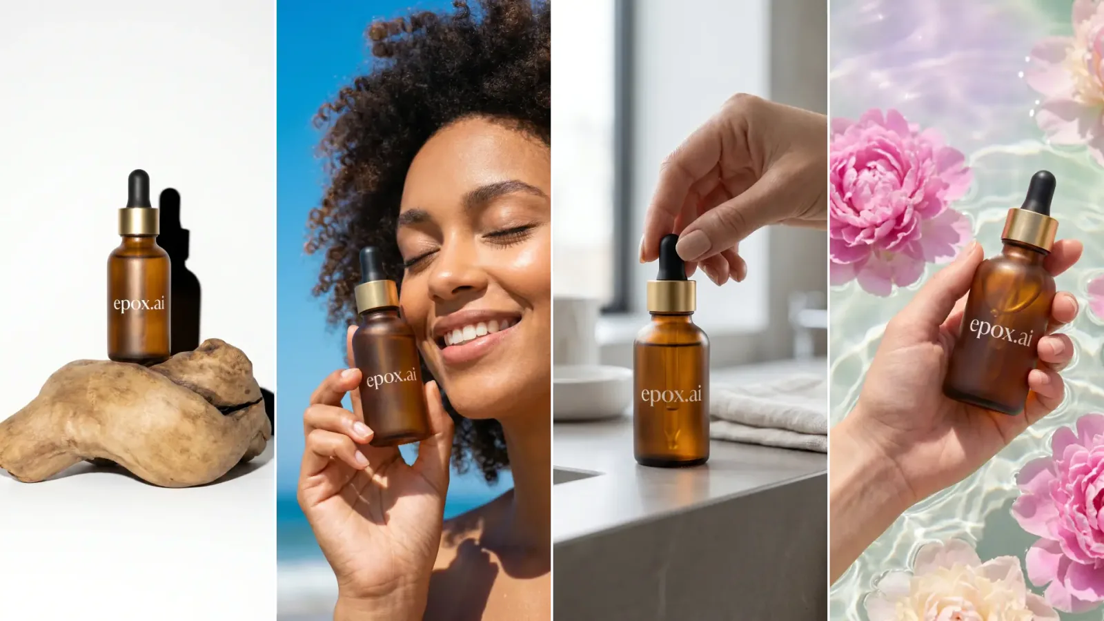 An amber serum dropper in four Epox scenes — studio, model, bathroom and water