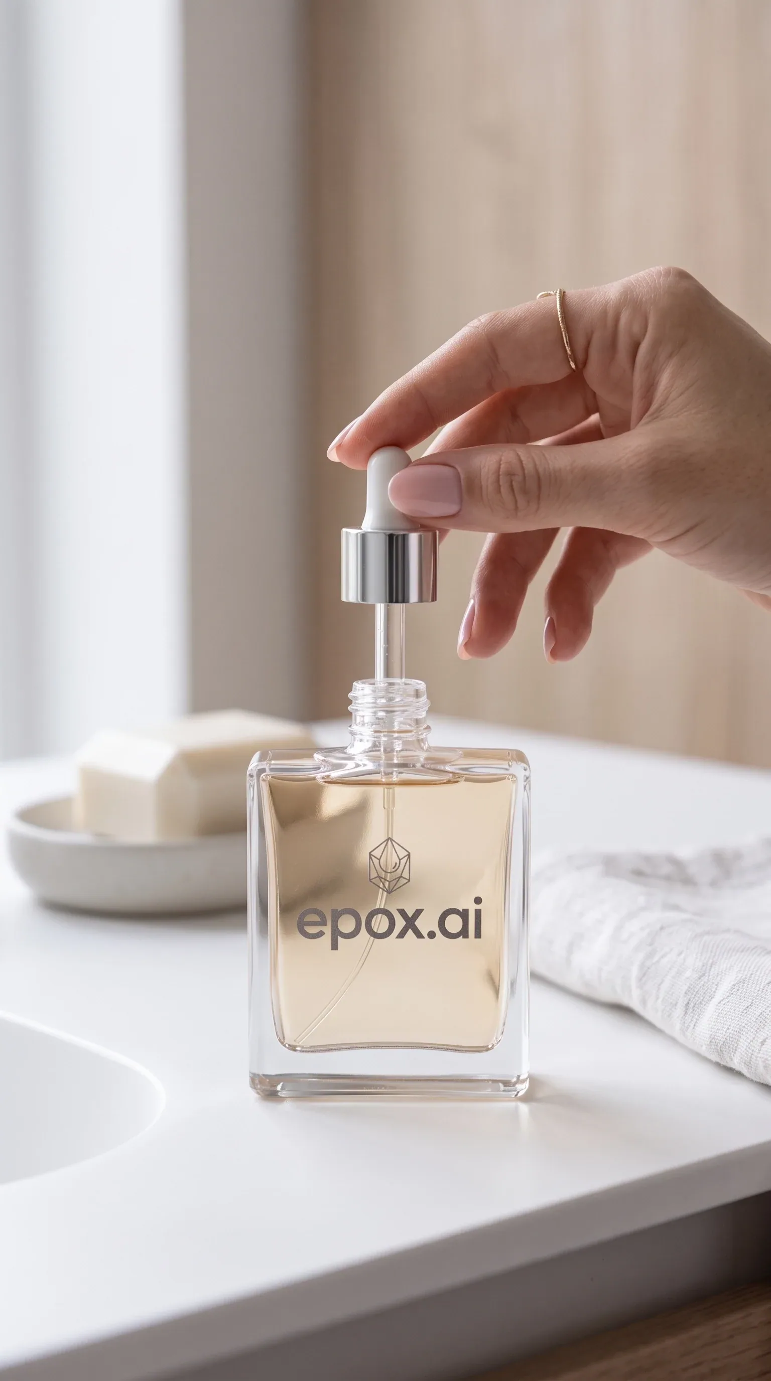 A hand pressing a perfume atomiser on a bathroom counter — scene