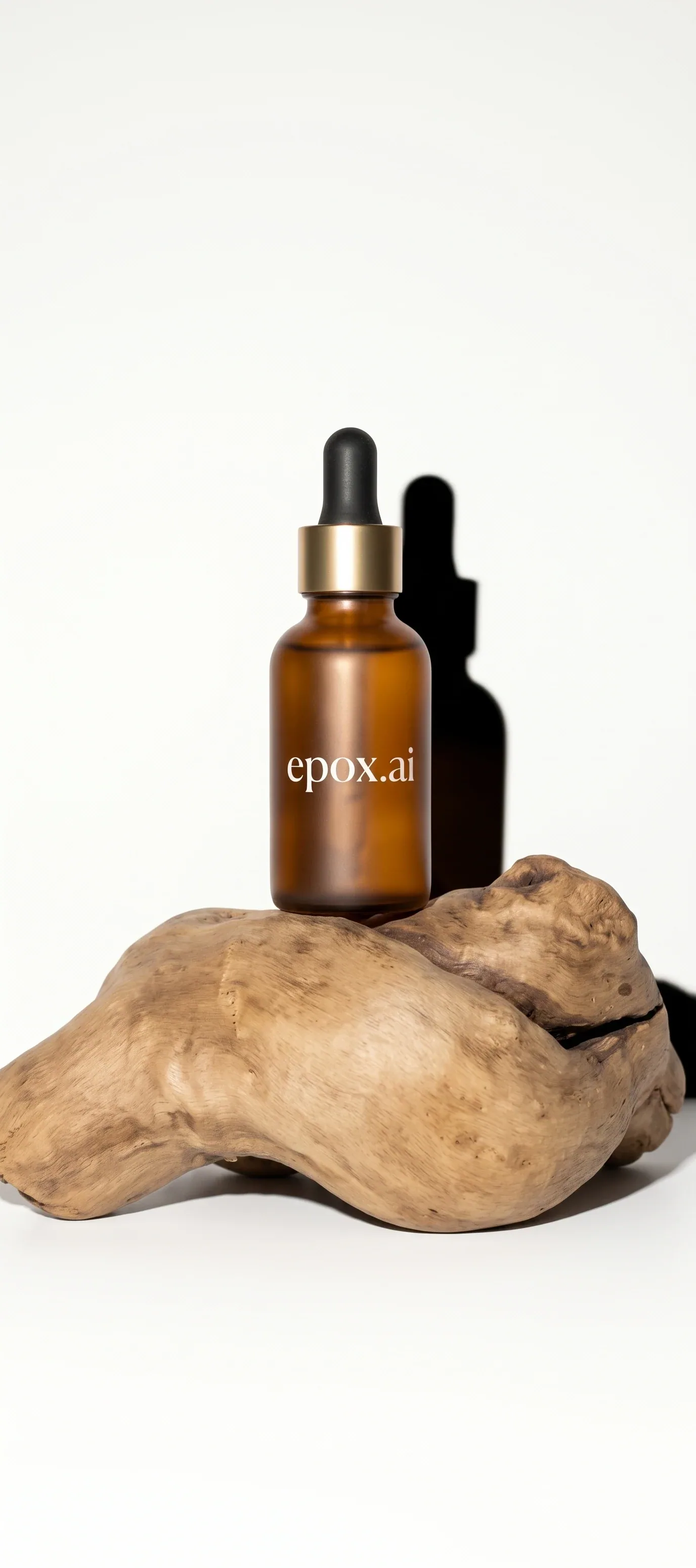Amber serum dropper on driftwood — styled studio shot
