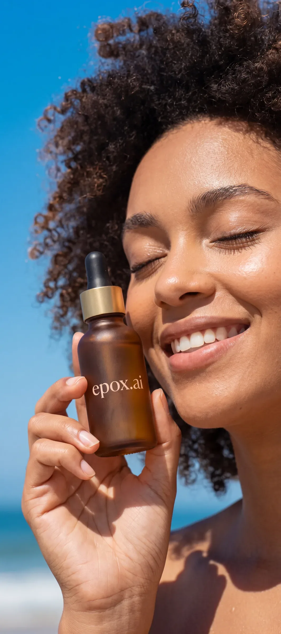 A model holding an amber serum dropper to her cheek — Epox lifestyle shot