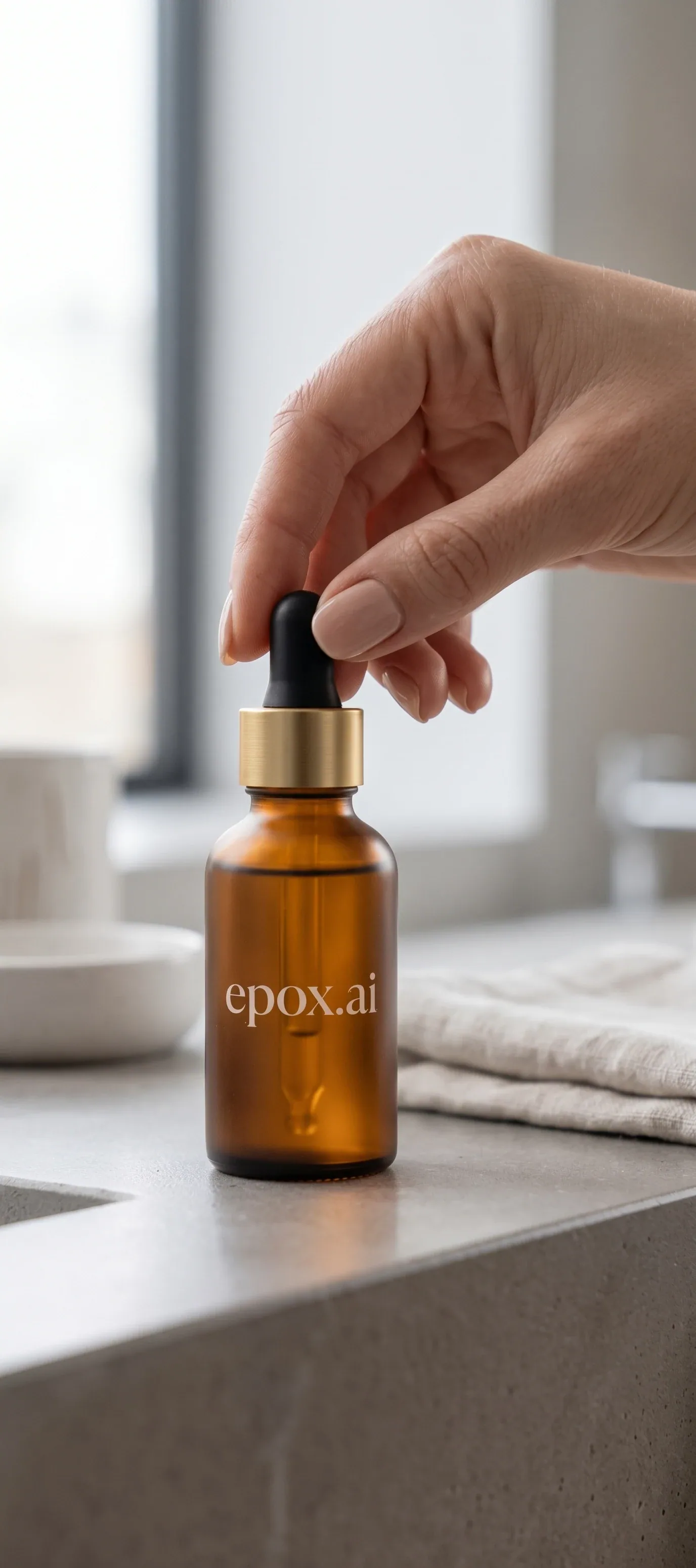 A hand on an amber serum dropper on a bathroom counter — scene