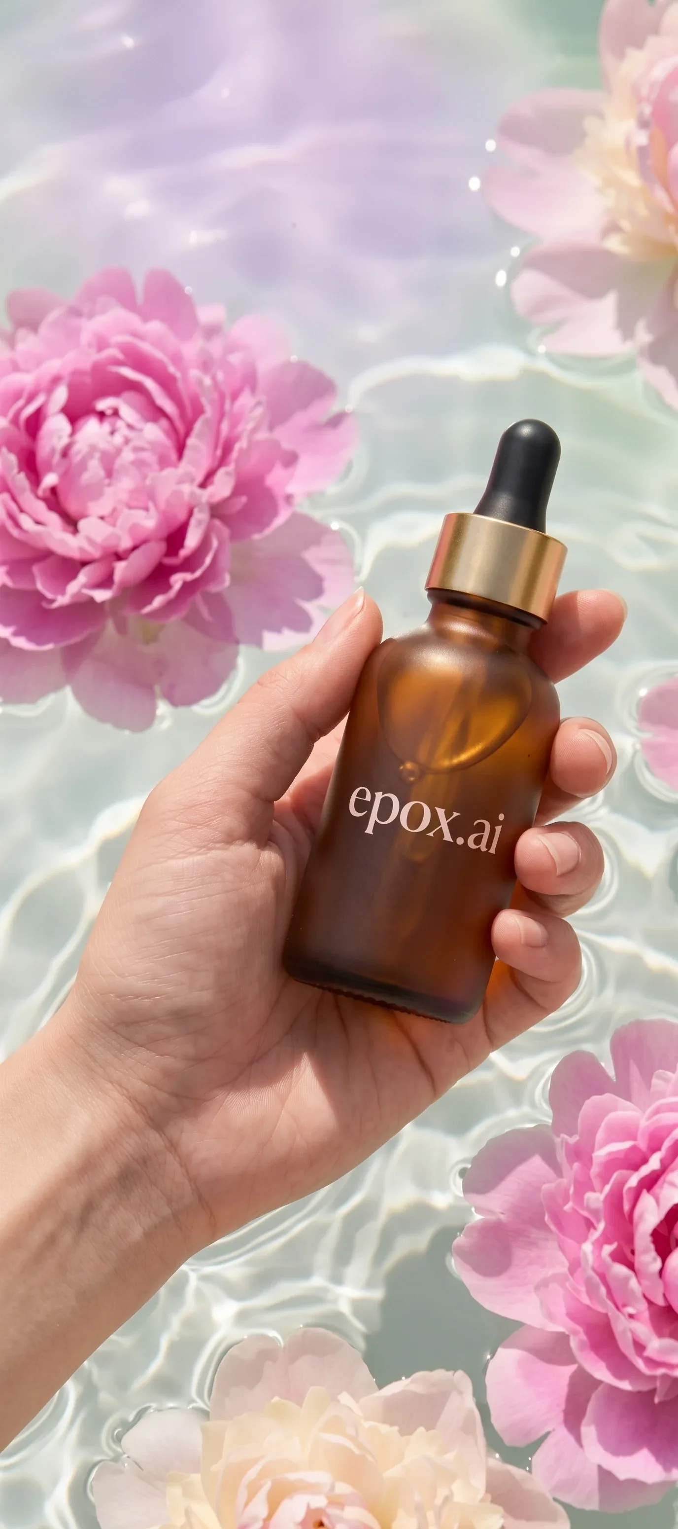 Amber serum dropper held over water and peonies — scene