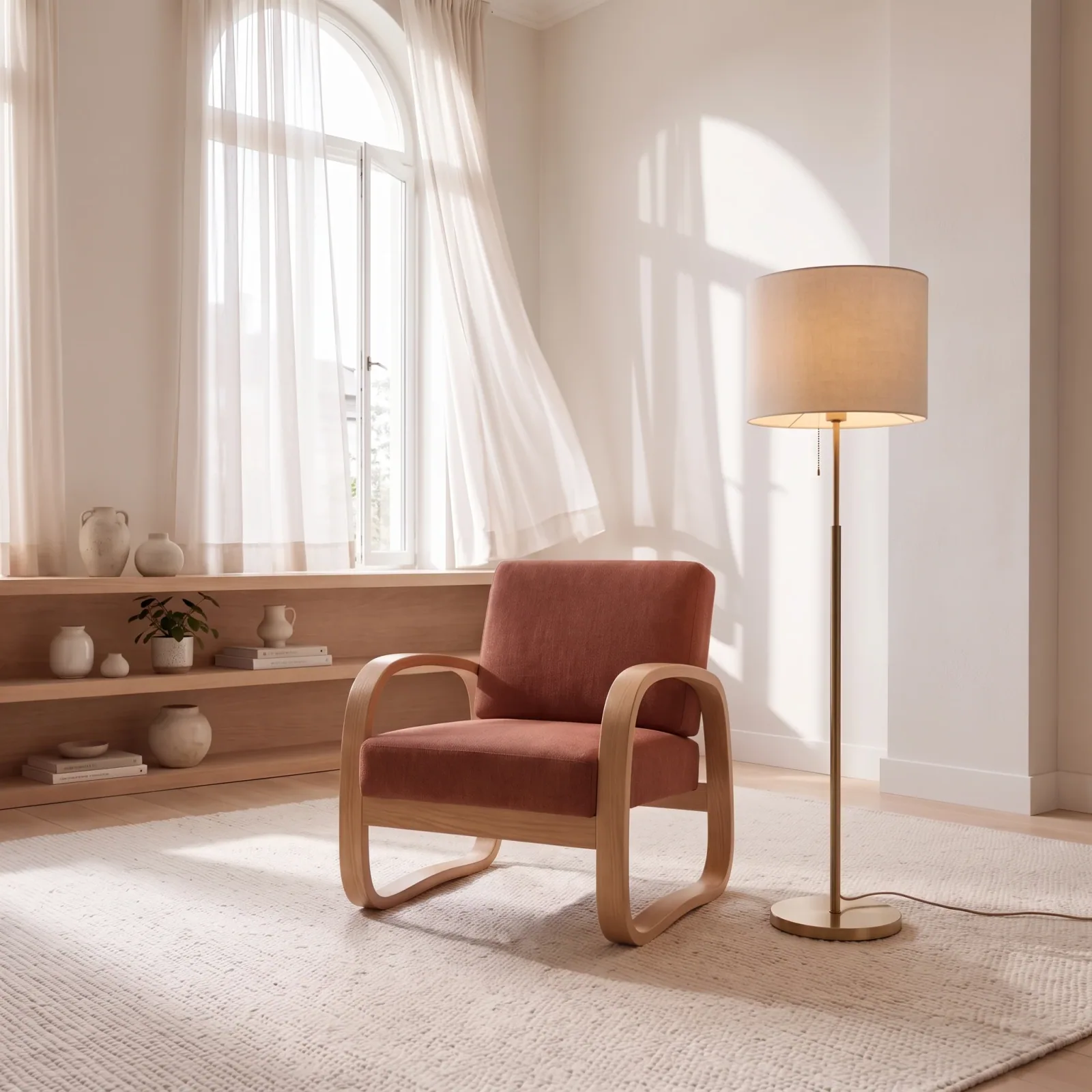 Terracotta bentwood armchair beside a floor lamp — room scene