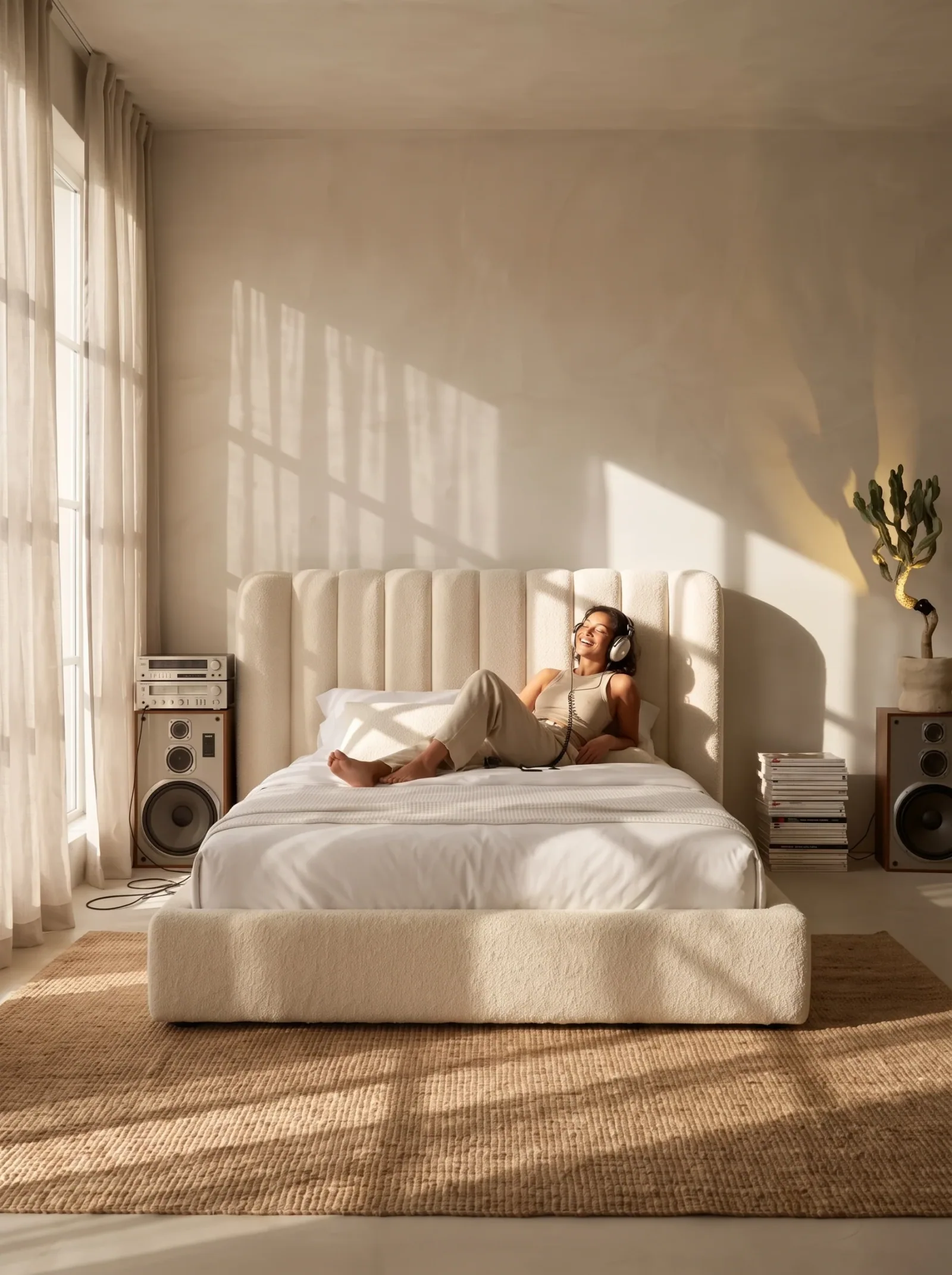 A model relaxing on an ivory upholstered bed — lifestyle shot