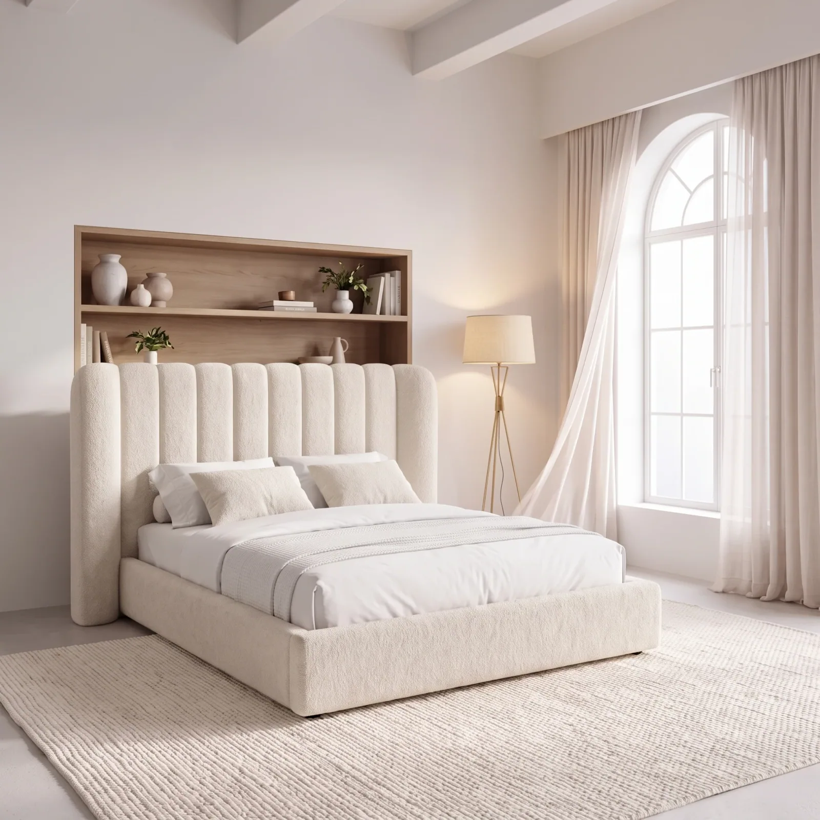 Ivory upholstered bed with a channel-tufted headboard in a sunlit bedroom — room scene