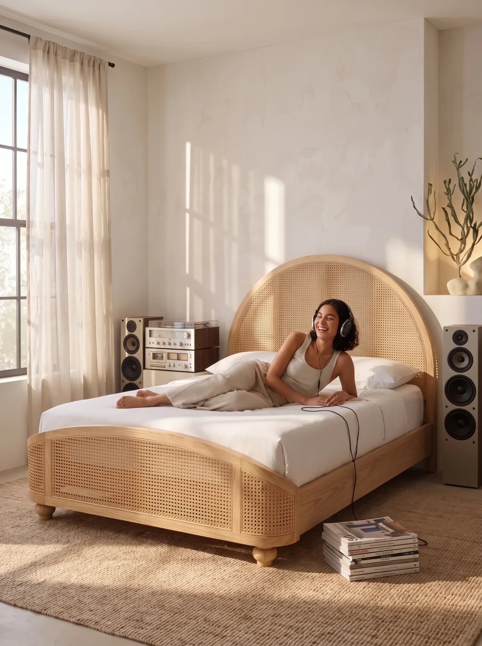 A model resting on an oak and cane bed — Epox lifestyle shot