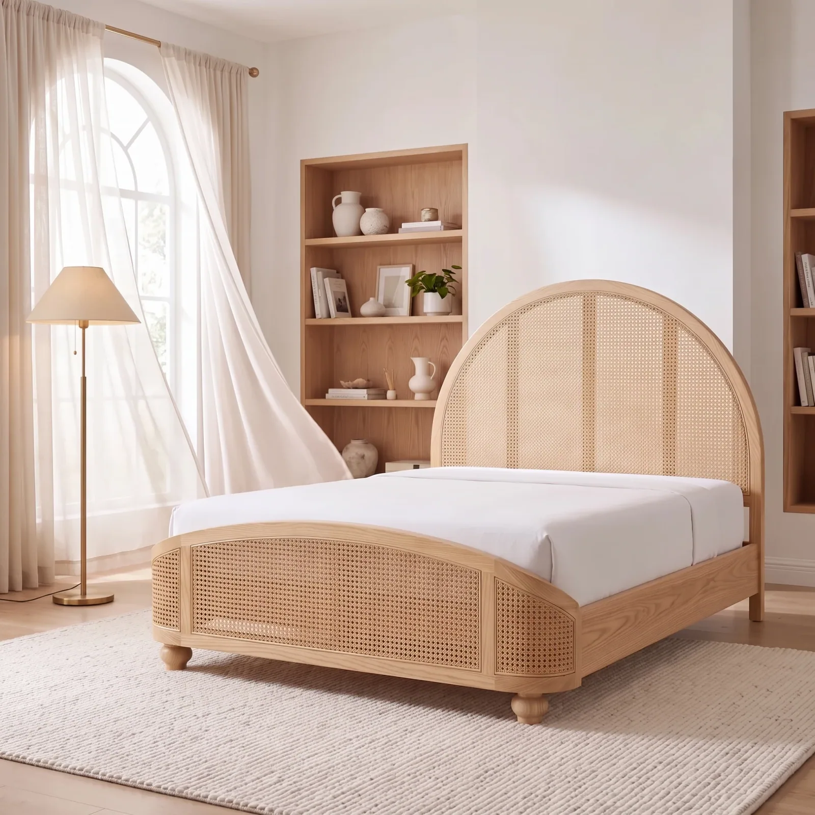 Oak and cane bed in a bright bedroom — Epox room scene