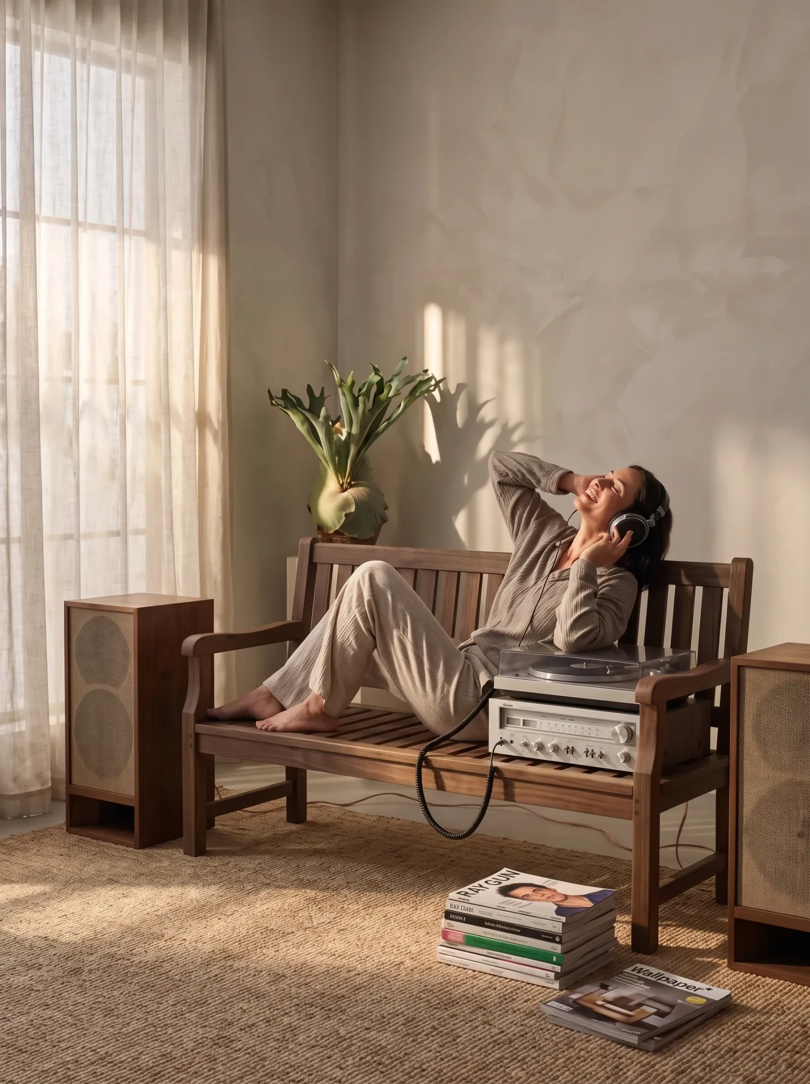 Teak garden sofa with a model — lifestyle shot