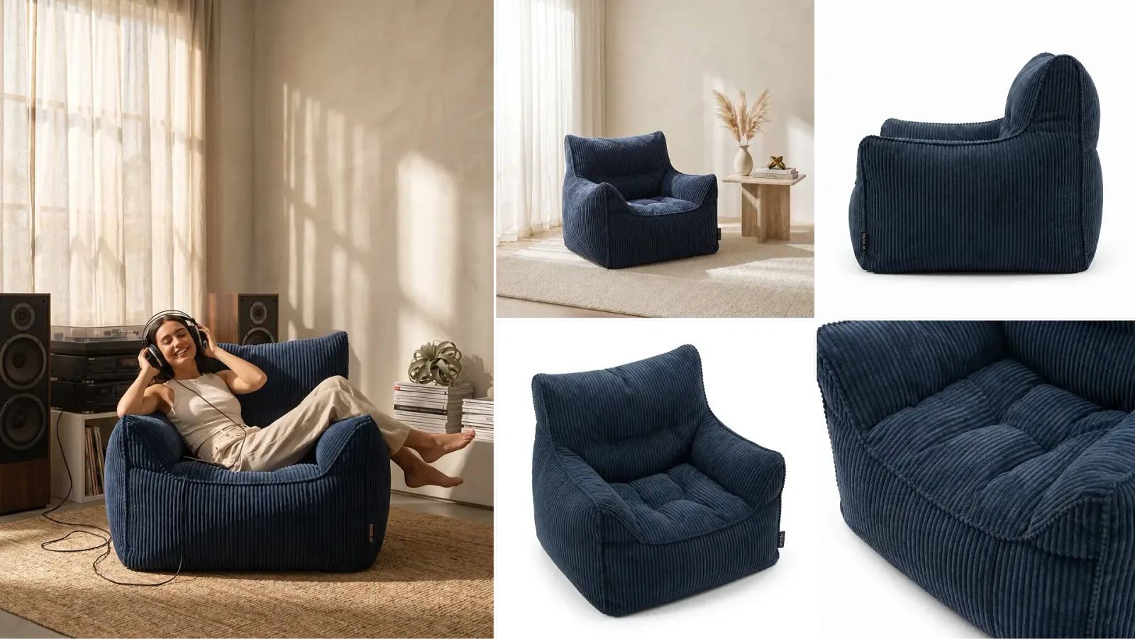 One navy corduroy lounge chair across five shots — a lifestyle scene with a woman listening to music, room and studio angles, a back view and a fabric close-up