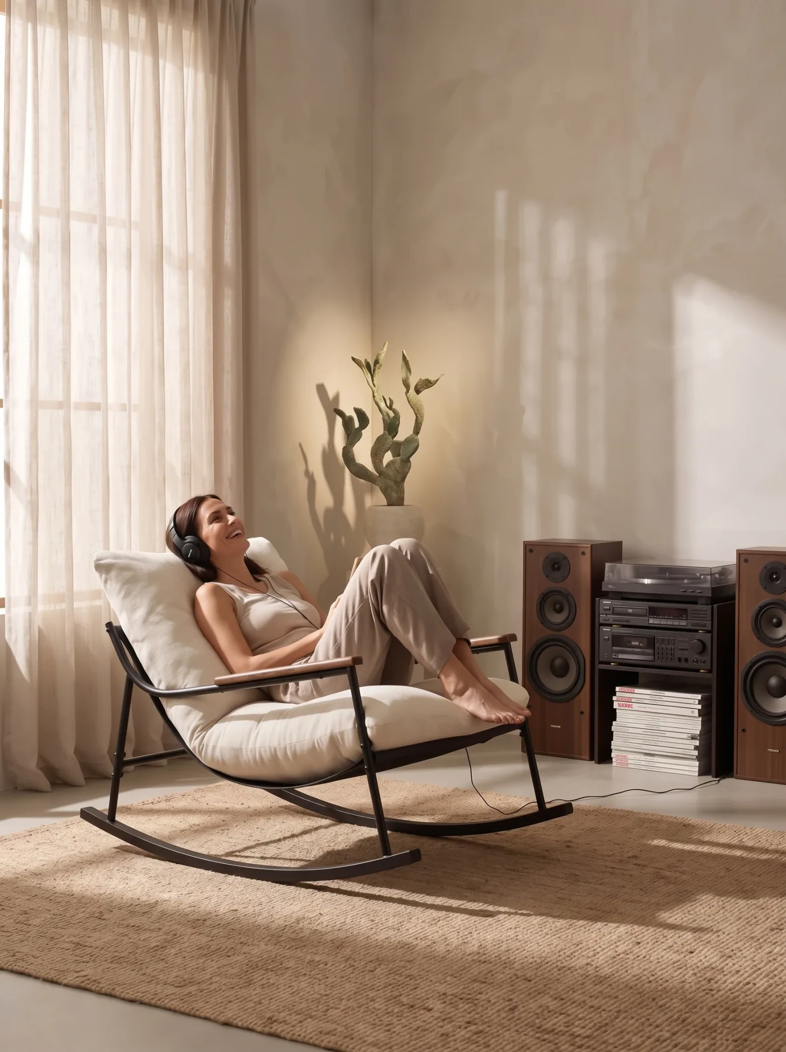 Ivory rocking lounge chair with a model — lifestyle shot