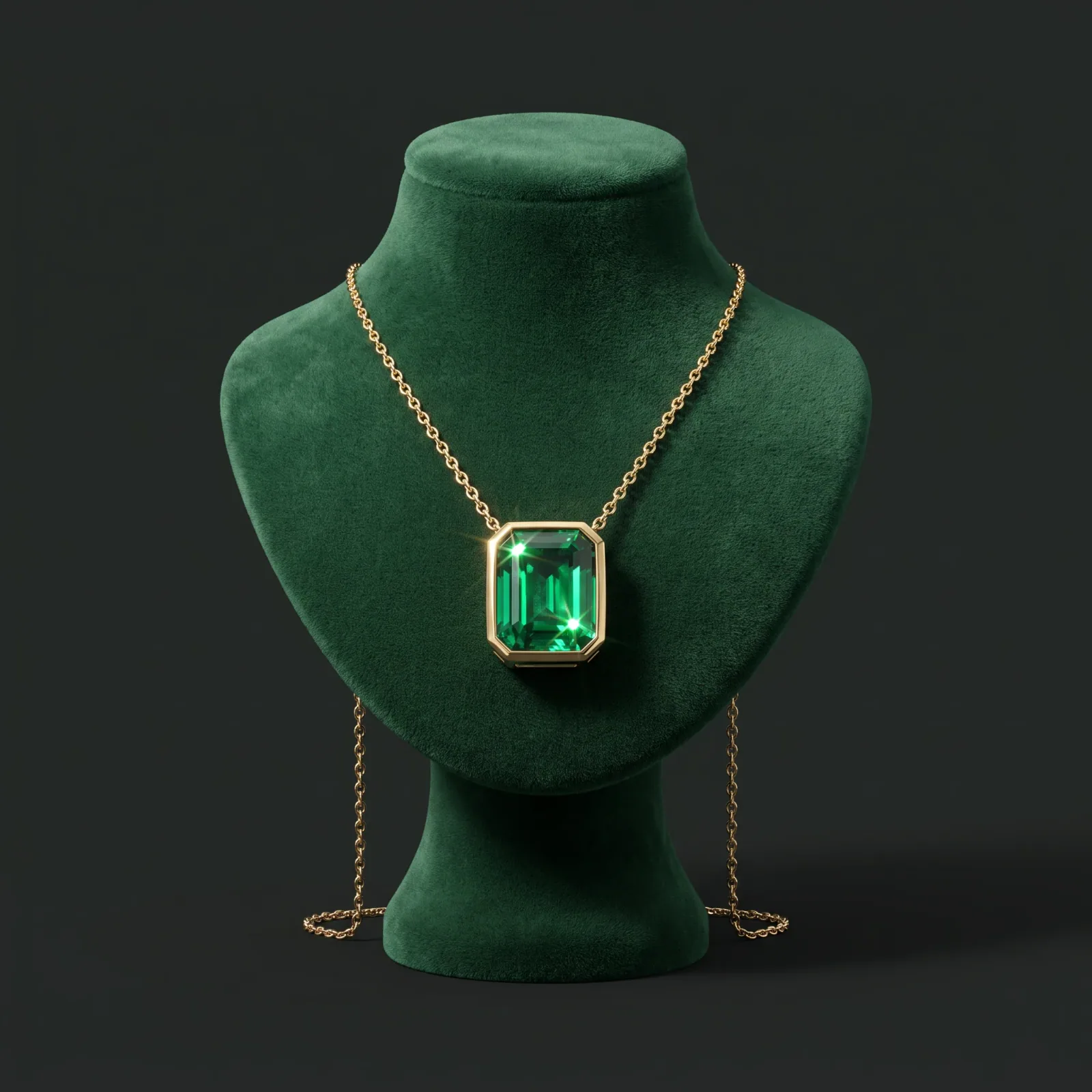 Emerald bezel necklace on a green velvet bust against charcoal
