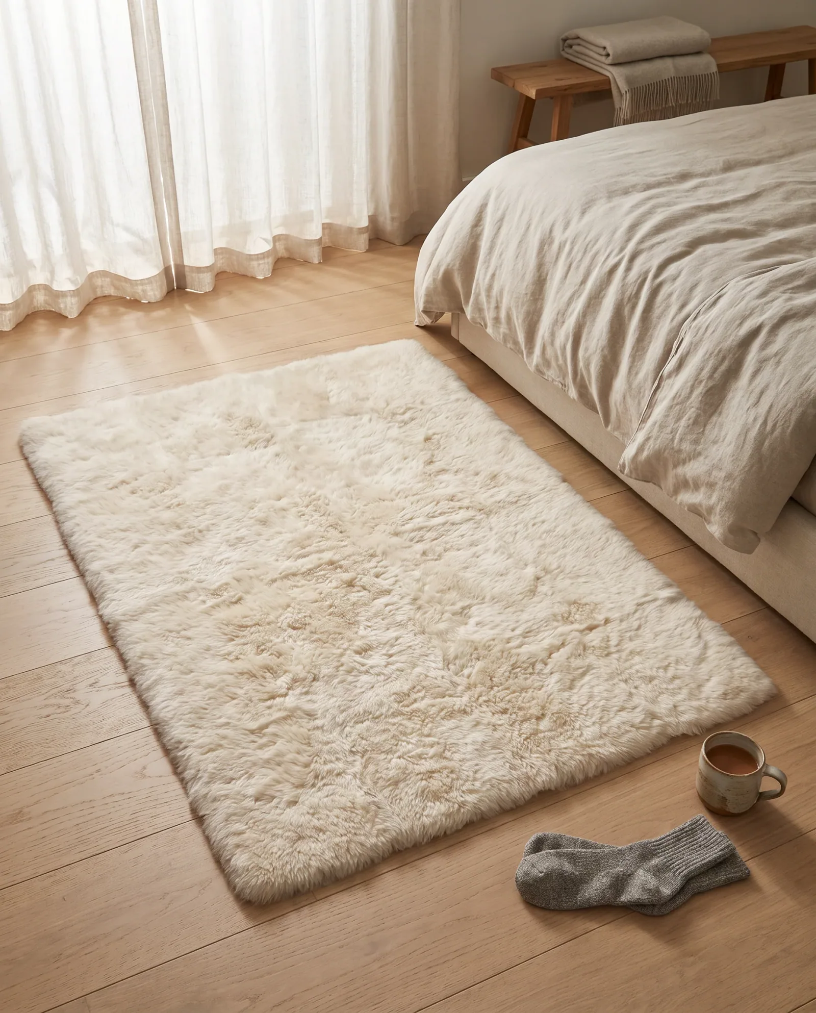 White shearling rug beside a linen-dressed bed in morning light
