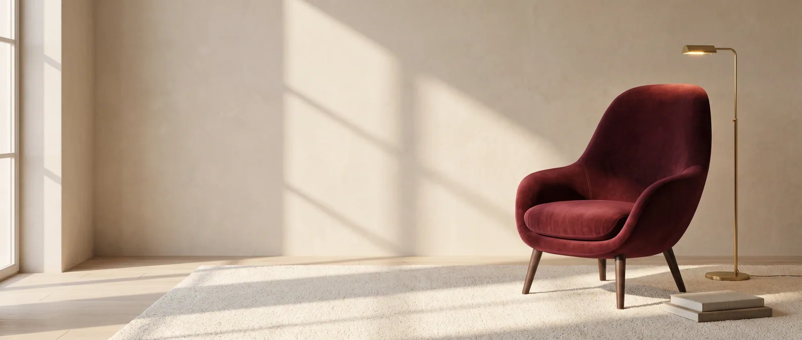 A burgundy velvet lounge chair in a sunlit limestone living room, generated in Epox