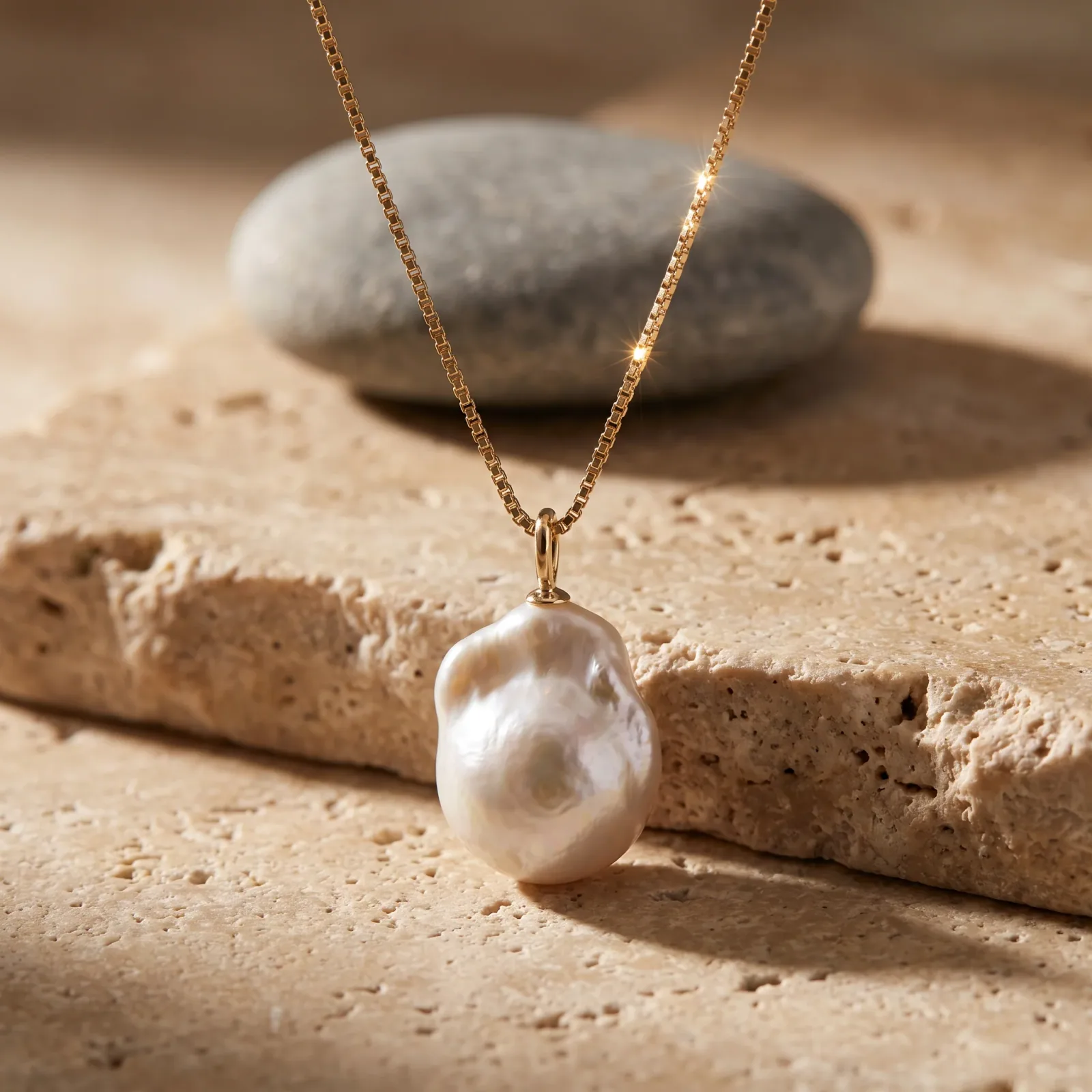 Baroque pearl drop necklace on warm travertine