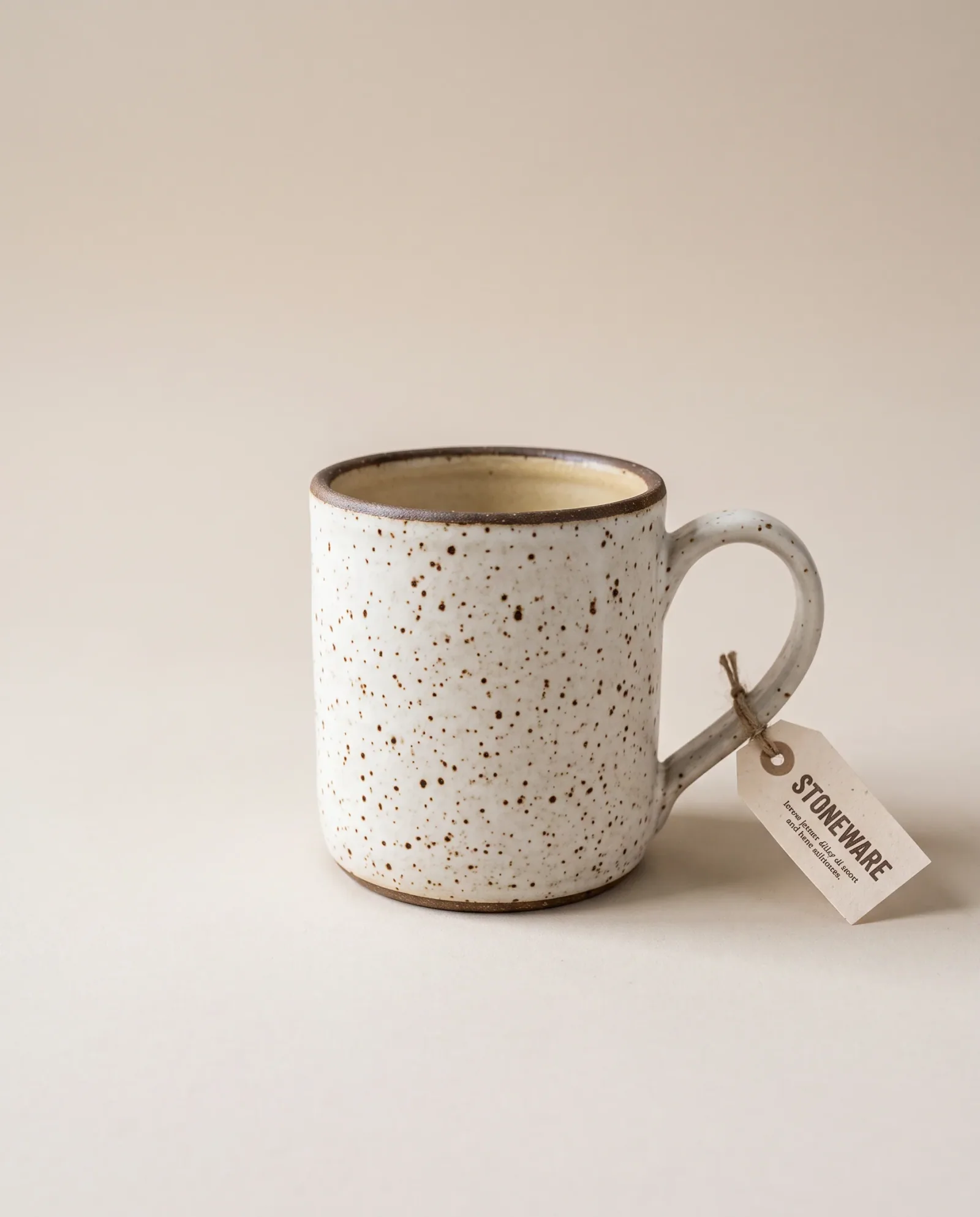 Speckled stoneware mug on a limestone studio set