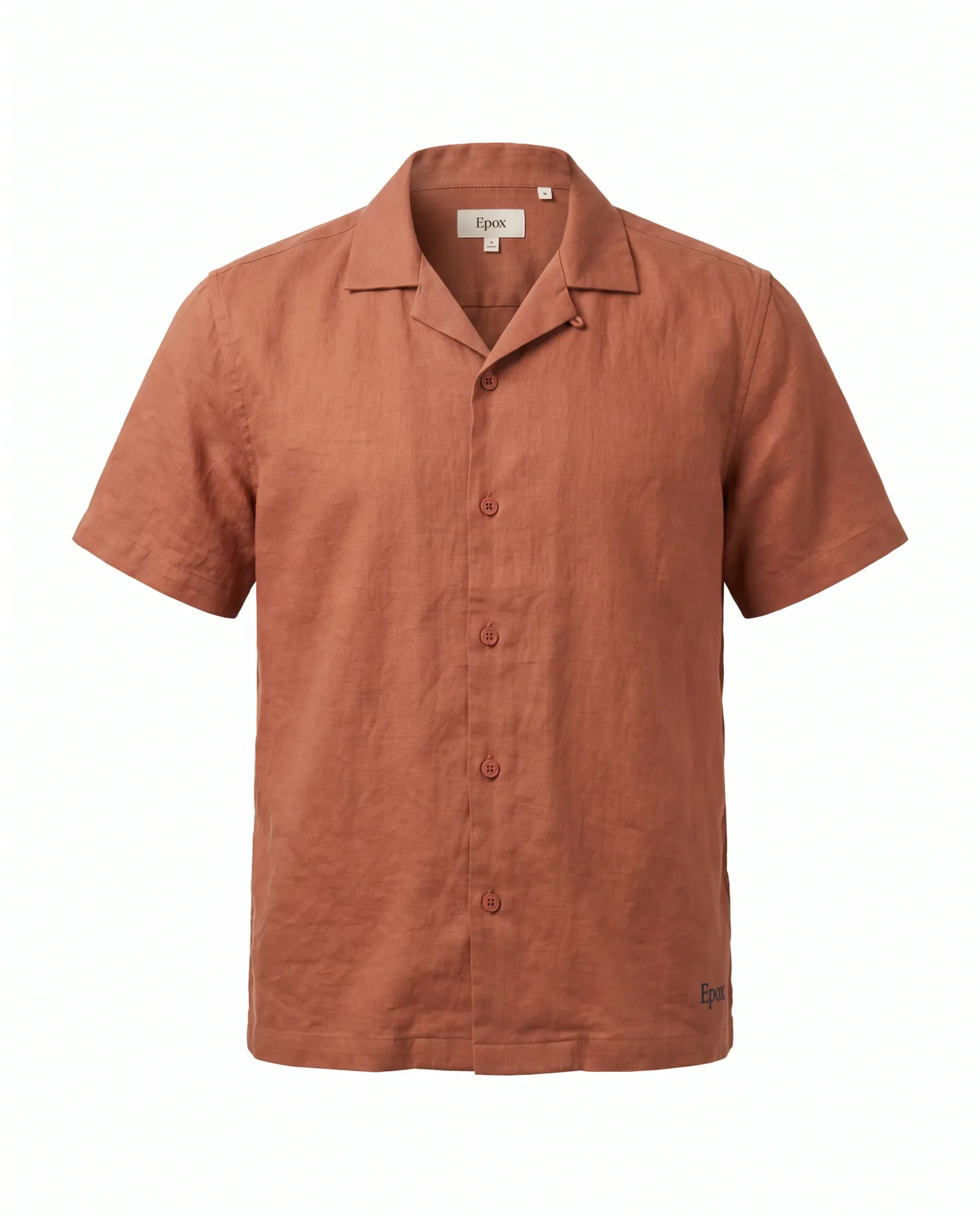Rust linen camp shirt shown on an invisible form, front view on white