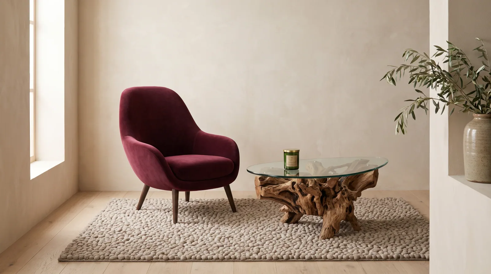 Four products in one living-room scene: lounge chair, root coffee table, pebble rug and candle