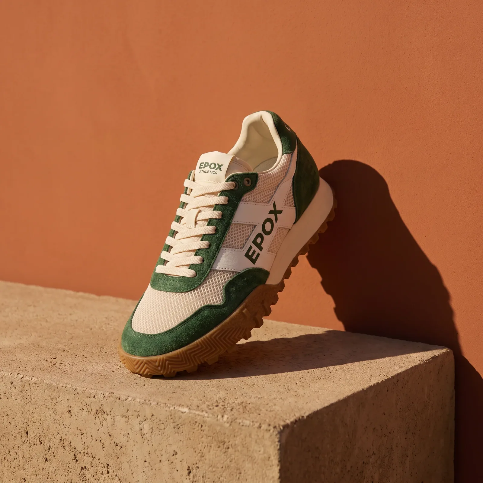 Suede runner sneaker on a concrete plinth against a terracotta wall, square ad