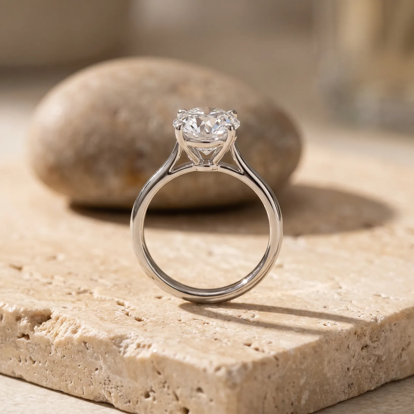 Solitaire diamond ring on warm travertine