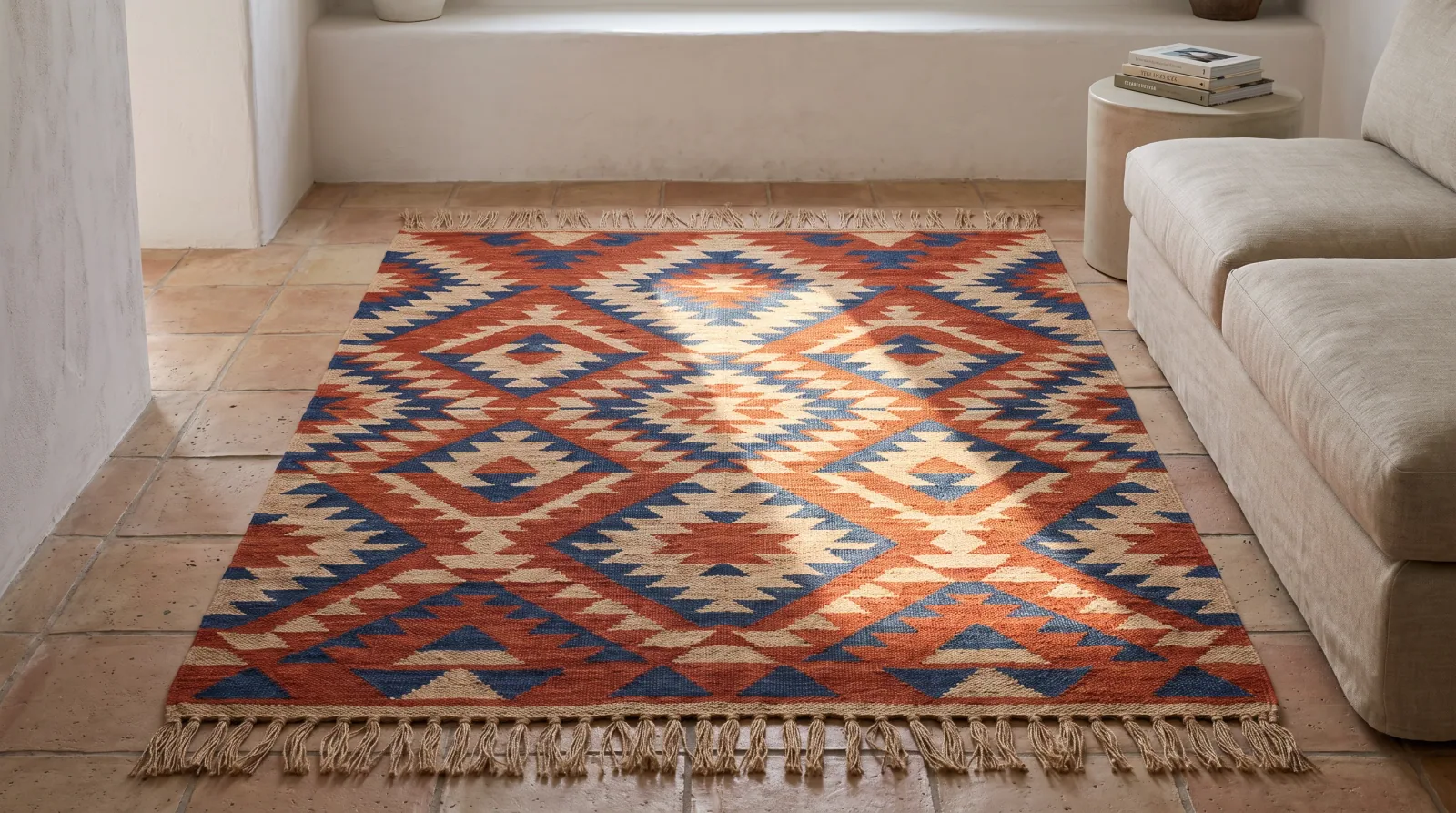 Kilim rug in a sunny Mediterranean living room with a stripe of afternoon sun