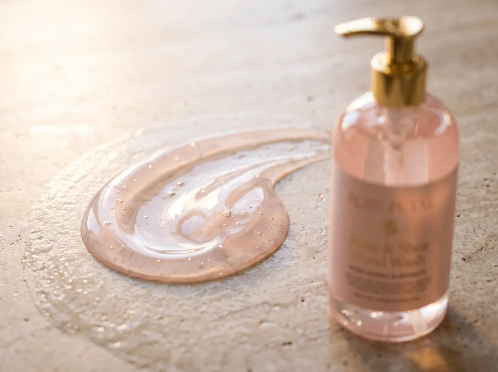 A swirl of pink hand-wash gel on travertine, the bottle soft behind it