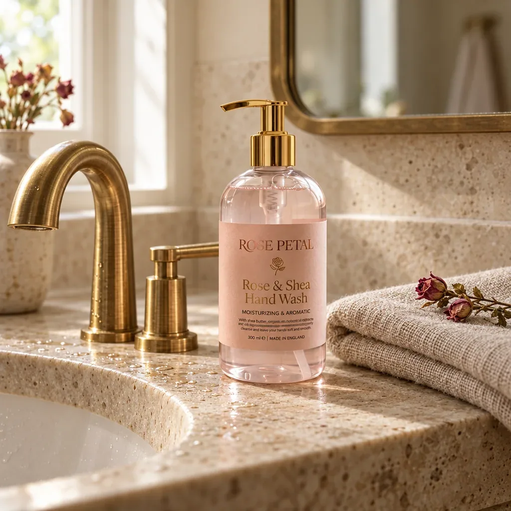Rose hand wash bottle on a travertine vanity beside a brass tap