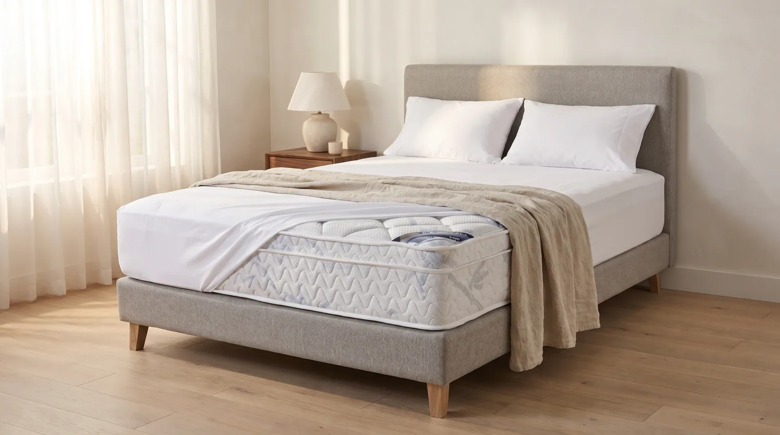 The quilted mattress on its grey base, dressed in a morning-lit bedroom