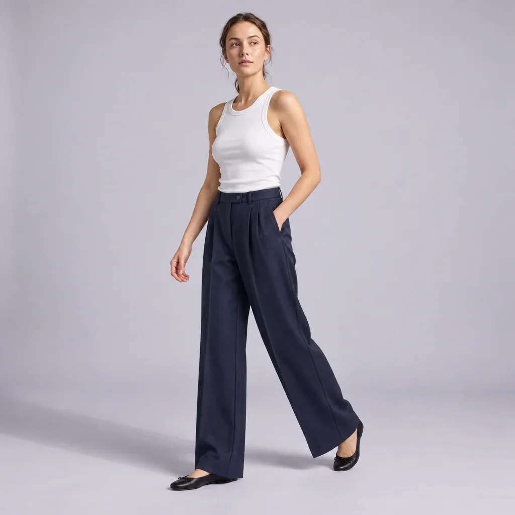 Model in navy wool wide-leg trousers on a pale studio backdrop