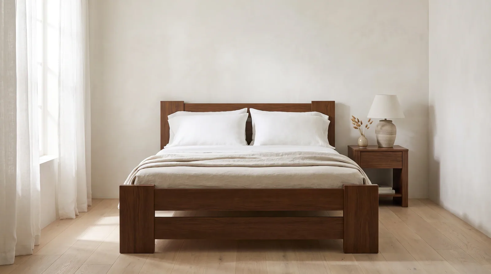 Walnut platform bed in a serene bedroom with sheer curtains