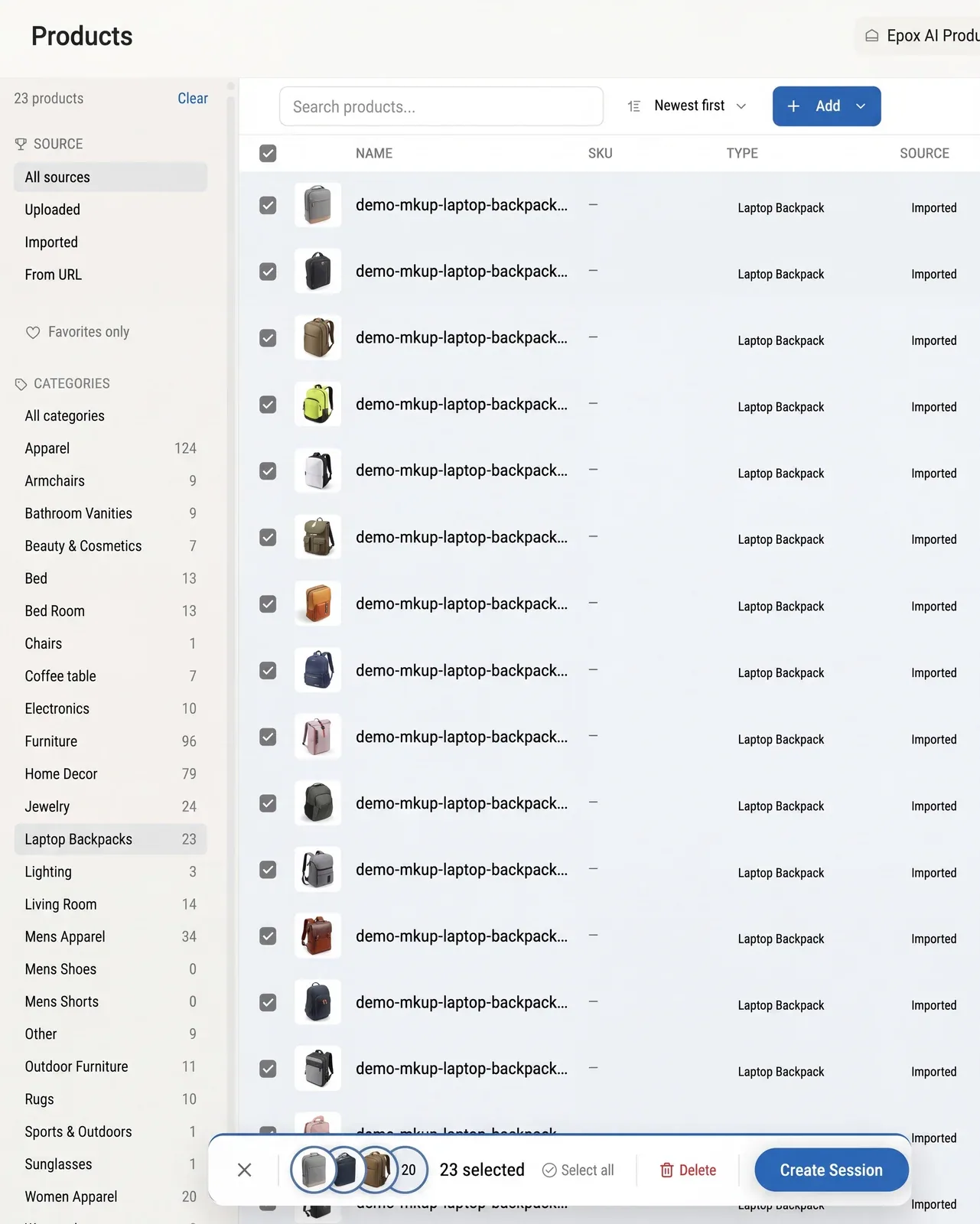 Importing products into Epox — connect a store, paste a product URL, or drop in image files