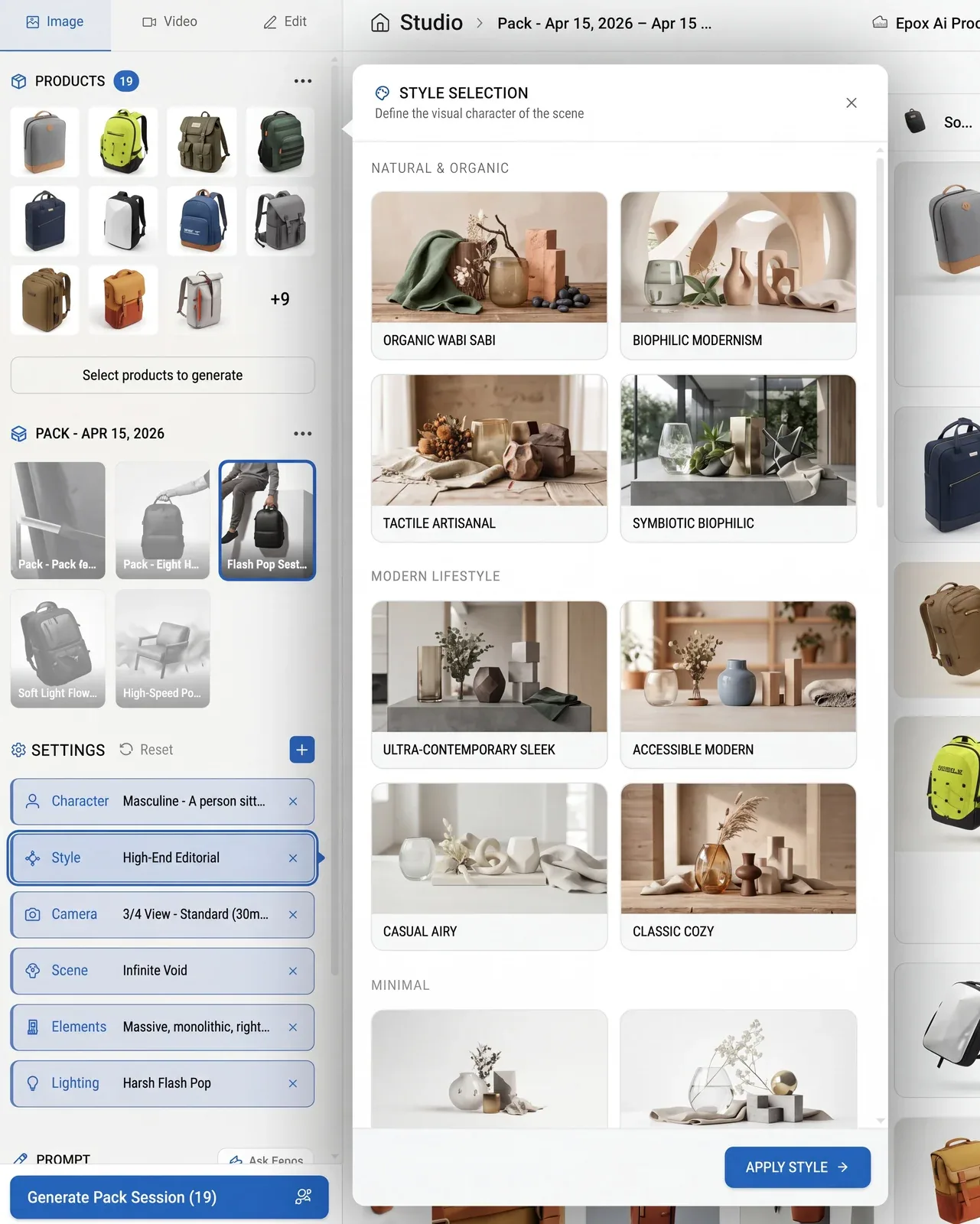Choosing visual settings in Epox Studio — lighting, scene, framing and format, saved as a template