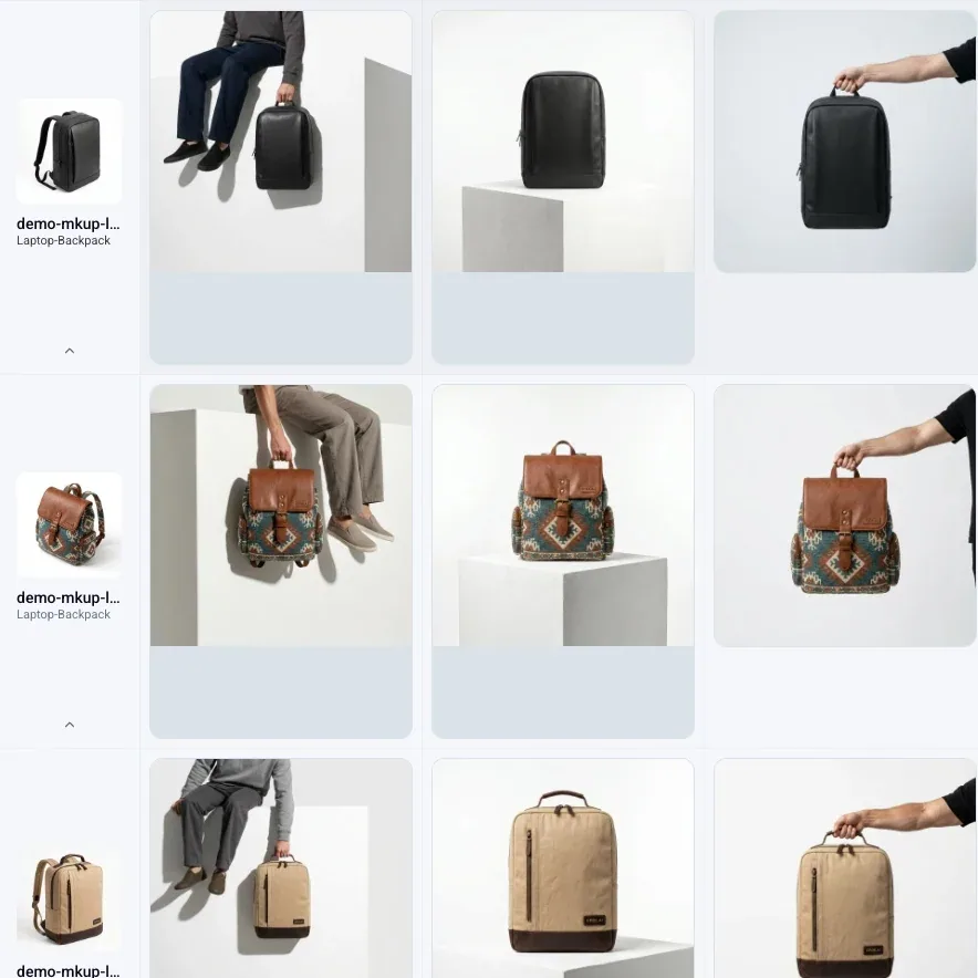 A finished batch run in Epox — every backpack in the catalog returned in four templates, laid out as a grid
