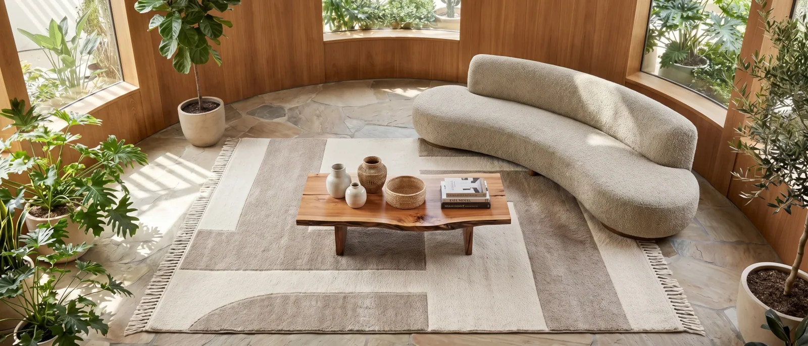 Geometric rug under a curved sofa in a round, plant-filled room — Epox room scene