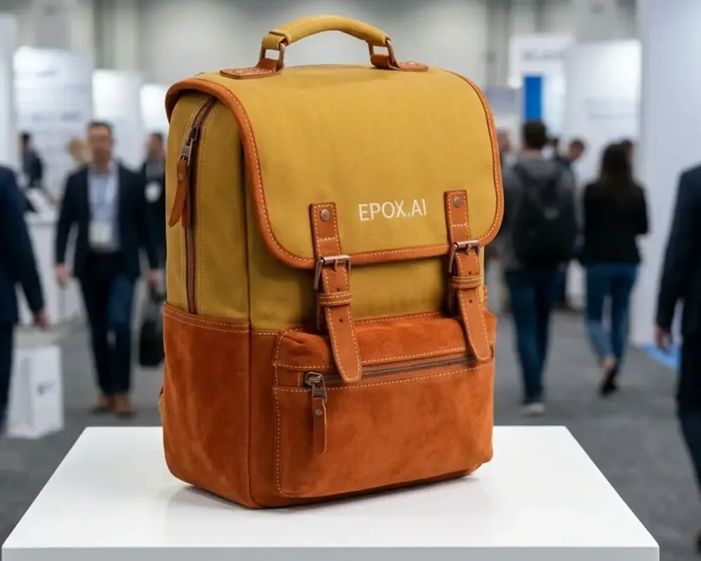 Mustard and brown canvas backpack on a white stand — the supplier product photo Epox started from