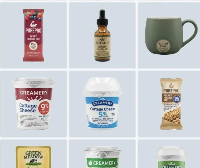 The Epox library filled with finished packshots across many different products — protein bars, skincare, a mug and cheese — all returned from one batch run