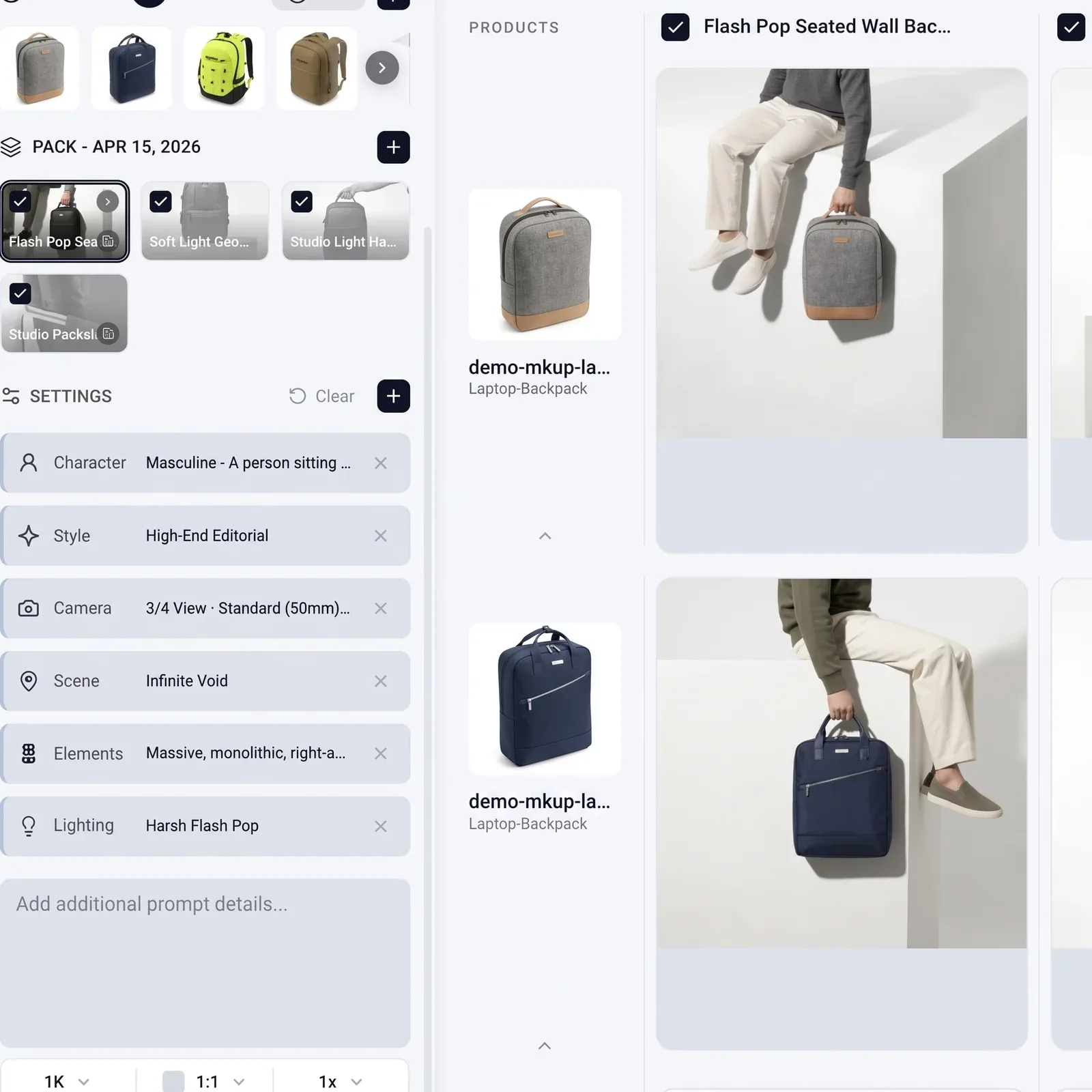 Image Studio open on a saved pack — character, style, camera, scene, elements and lighting all set on the left, a free-text box beneath them, and the resulting frames on the right