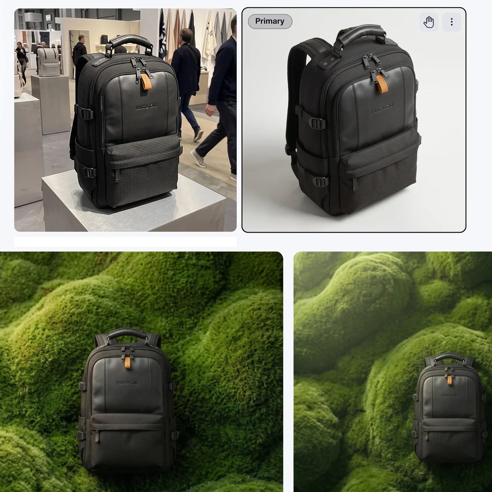 The same backpack twice in Epox — above, the phone photos the customer uploaded; below, the studio images Epox generated from them