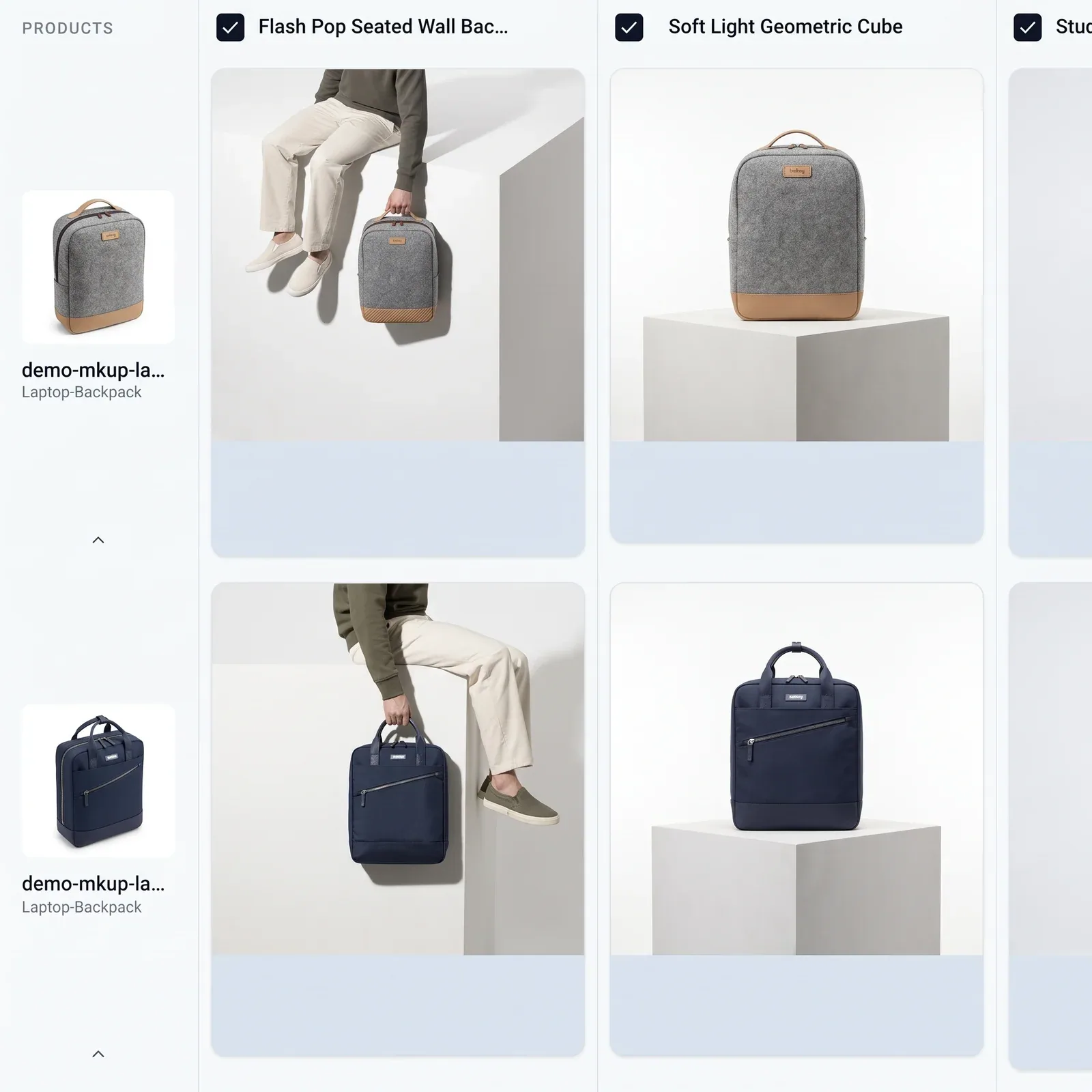 A template pack open in Epox Studio — each saved look runs down its own column while every product runs across the rows, so one look lands on every product at once