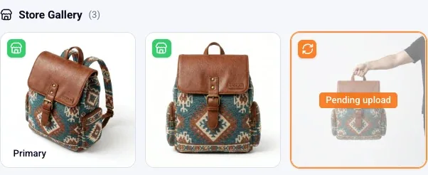 The store gallery in Epox — two finished images already on the product page and a third marked pending upload