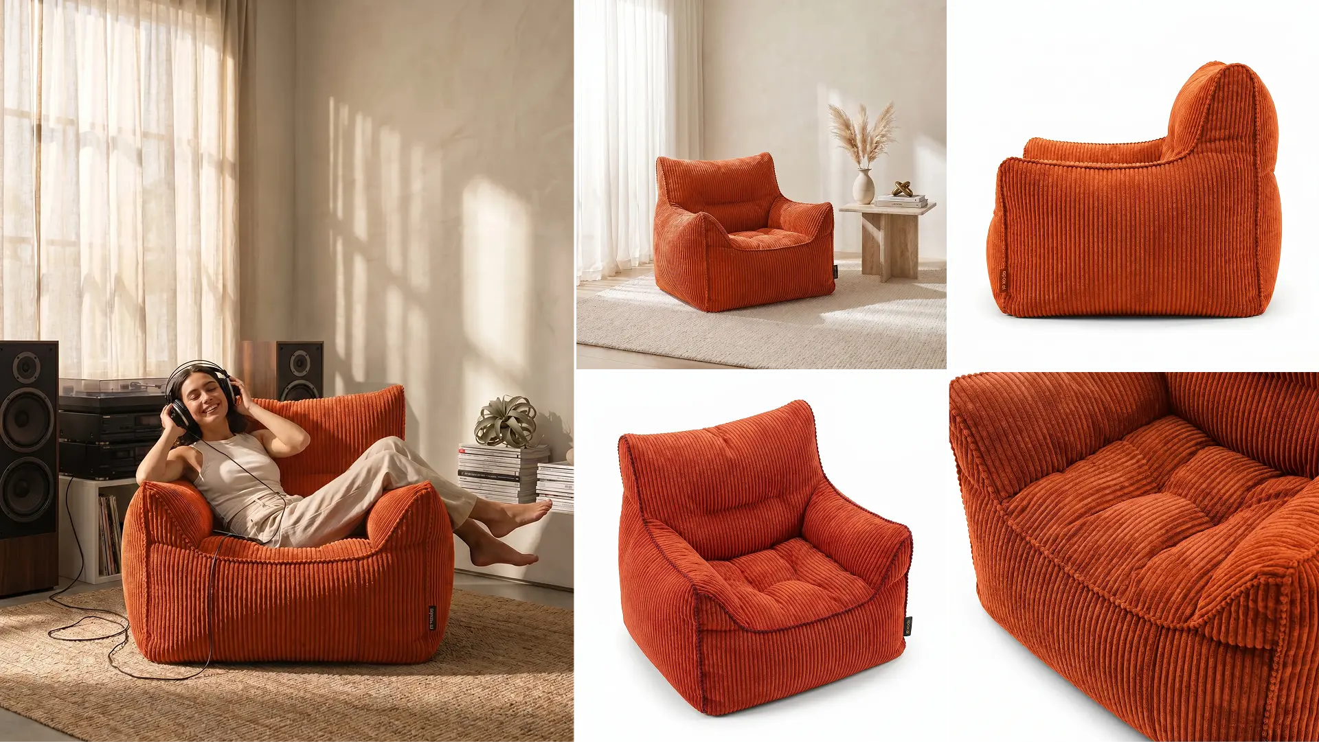 The bean chair’s set in rust-orange corduroy — lifestyle, room scene, packshots and close-up